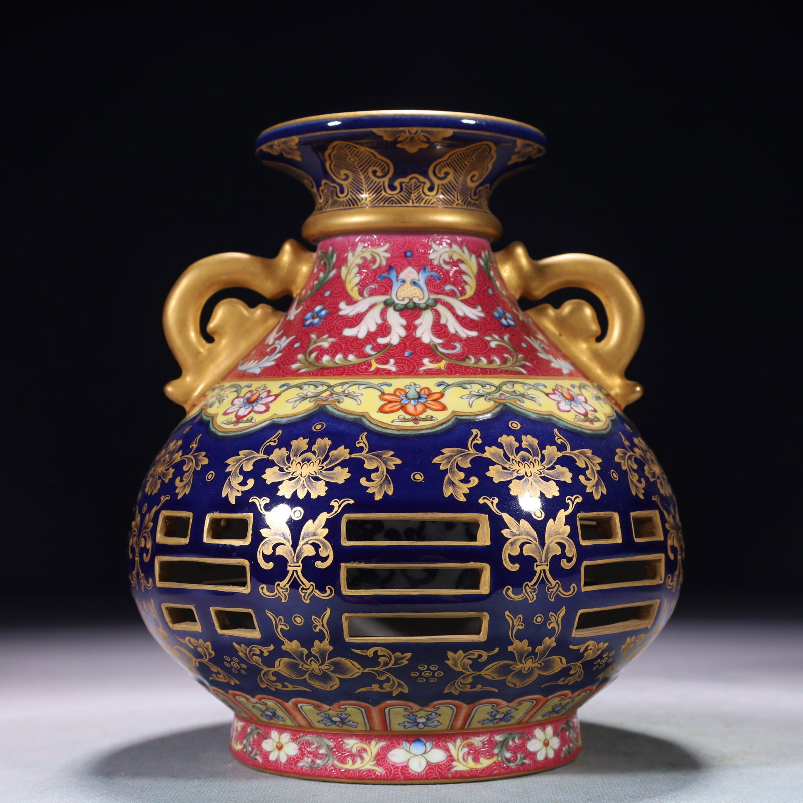 An Exquisite Ji Blue Glazed Painted Gold Lotus Pattern Double-Ears Vase: An Exquisite Ji Blue Glazed Painted Gold Lotus Pattern Double-Ears Vase,Qing Dynasty,China,Qianlong Six-character Mark,Size:5.9inx7.5in,Weight:1350g