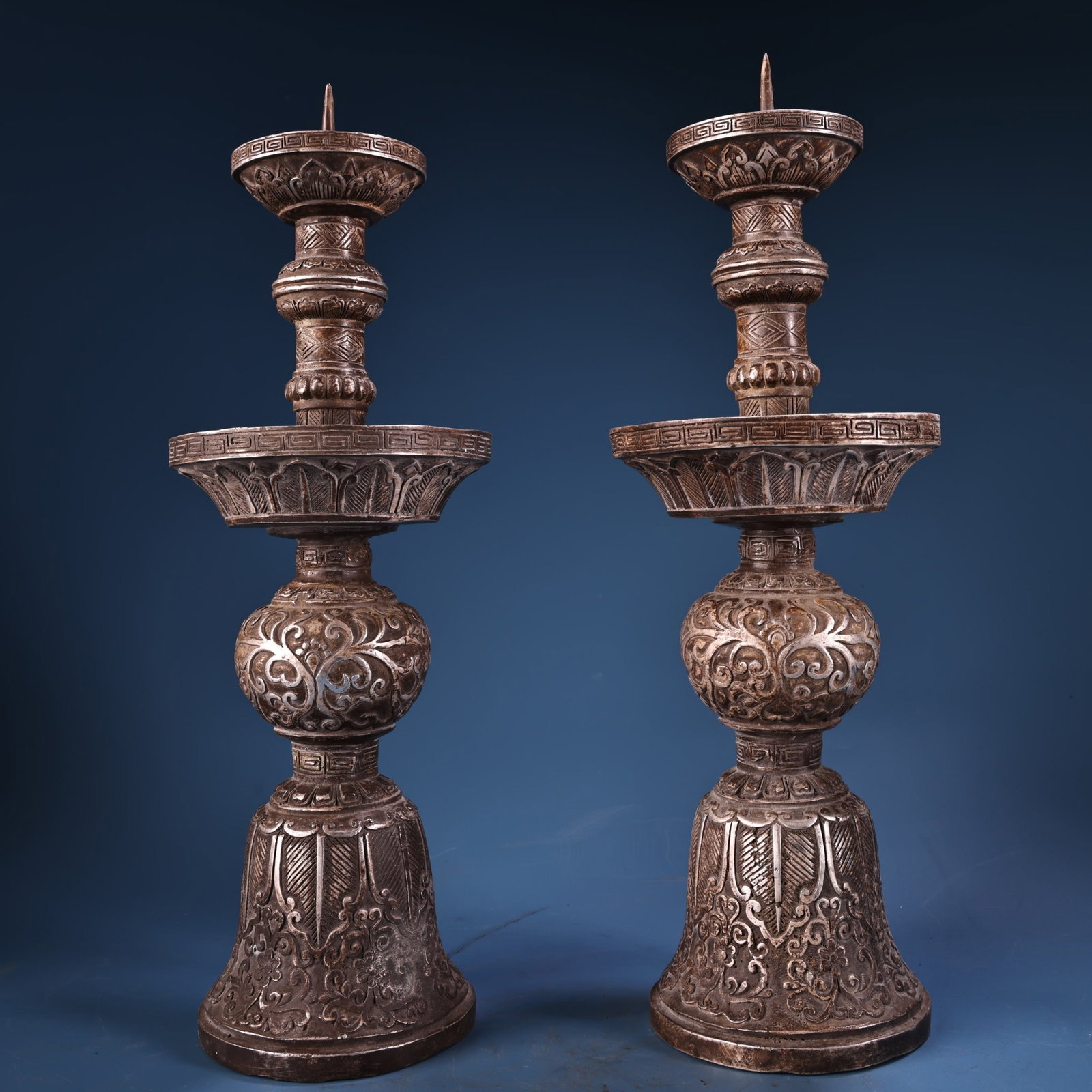 A Pair of Exquisite Silver Bronze Lotus Pattern Candlesticks (1 of 9)