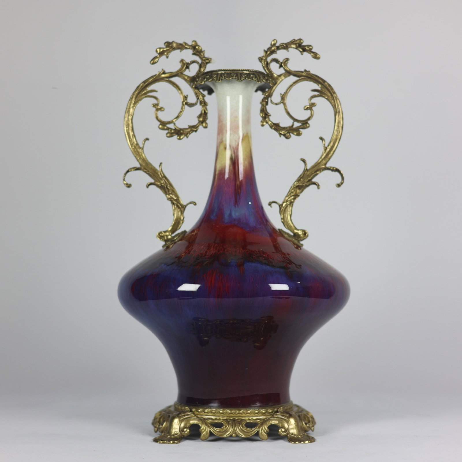 A Huge Flambe Glazed Inlaid Bronze Double-Ears Vase: A Huge Flambe Glazed Inlaid Bronze Double-Ears Vase,Qing Dynasty,China,Qianlong Six-character Mark,Size:18.1inx10.6in 窑变釉镶铜双耳瓶,中国&
