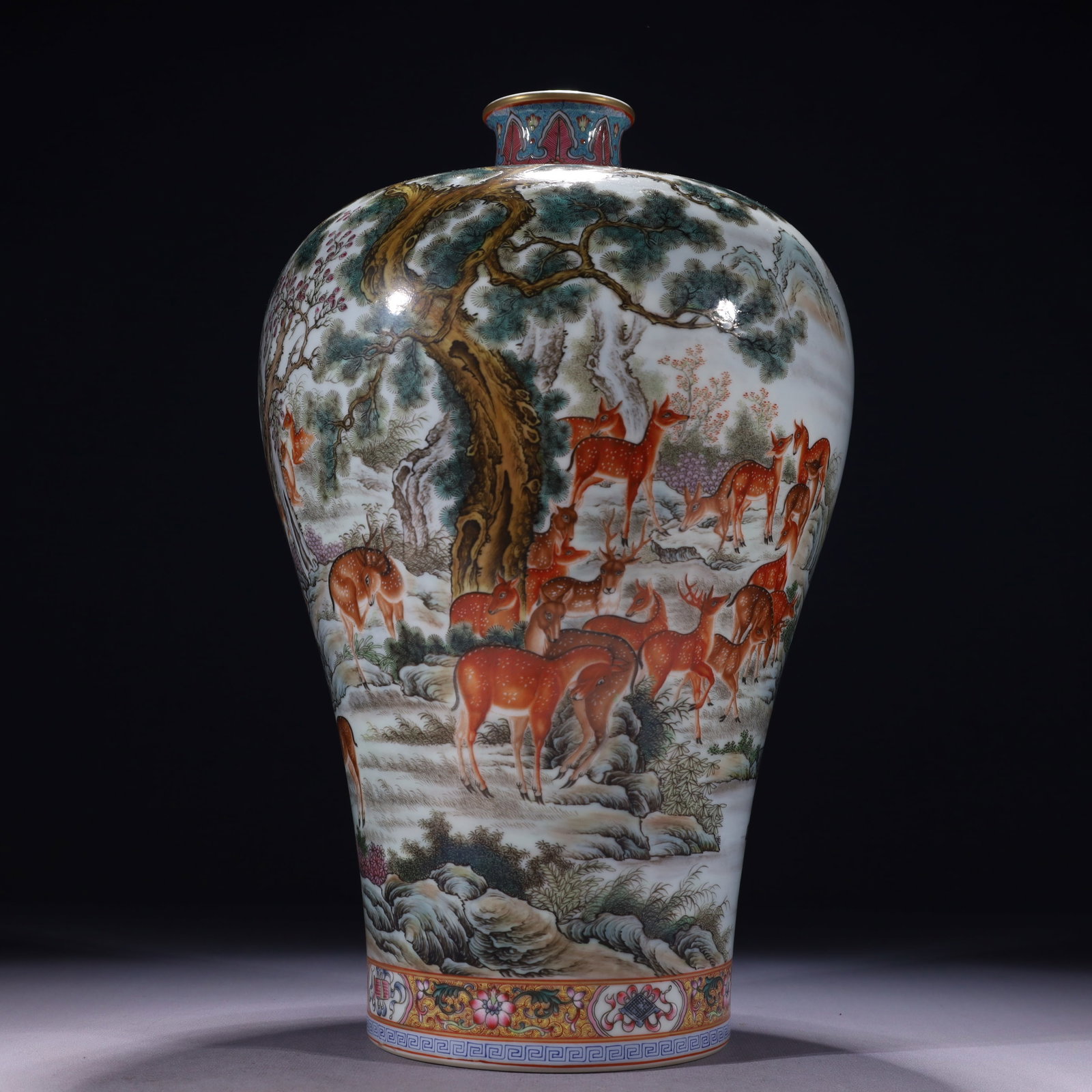 An Exquisite Enamel Painted Gold Pine and Deer Pattern Vase: An Exquisite Enamel Painted Gold Pine and Deer Pattern Vase,Qing Dynasty,China,Yongzheng Six-character Mark,Size:8.3inx15in,Weight:3800g 珐琅彩描金松鹿纹