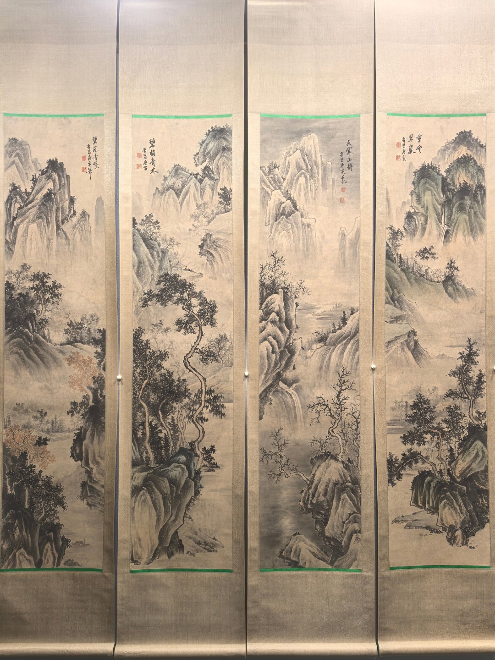 A Set of Chinese Vertical Scroll Ink Painting of Landscape on Paper: A Set of Chinese Vertical Scroll Ink Painting of Landscape on Paper,Tang Yin,Size:12.2inx53.9in*4