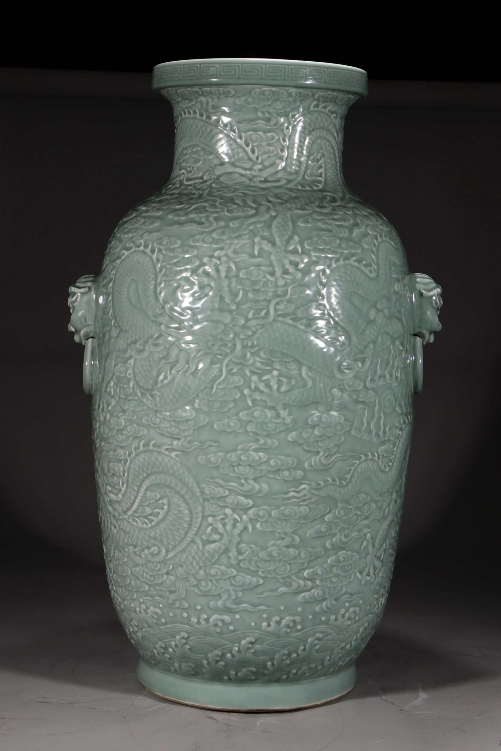 A Huge Celadon Glazed Auspicious Cloud and Dragon Pattern Beast-Ears Vase (1 of 8)
