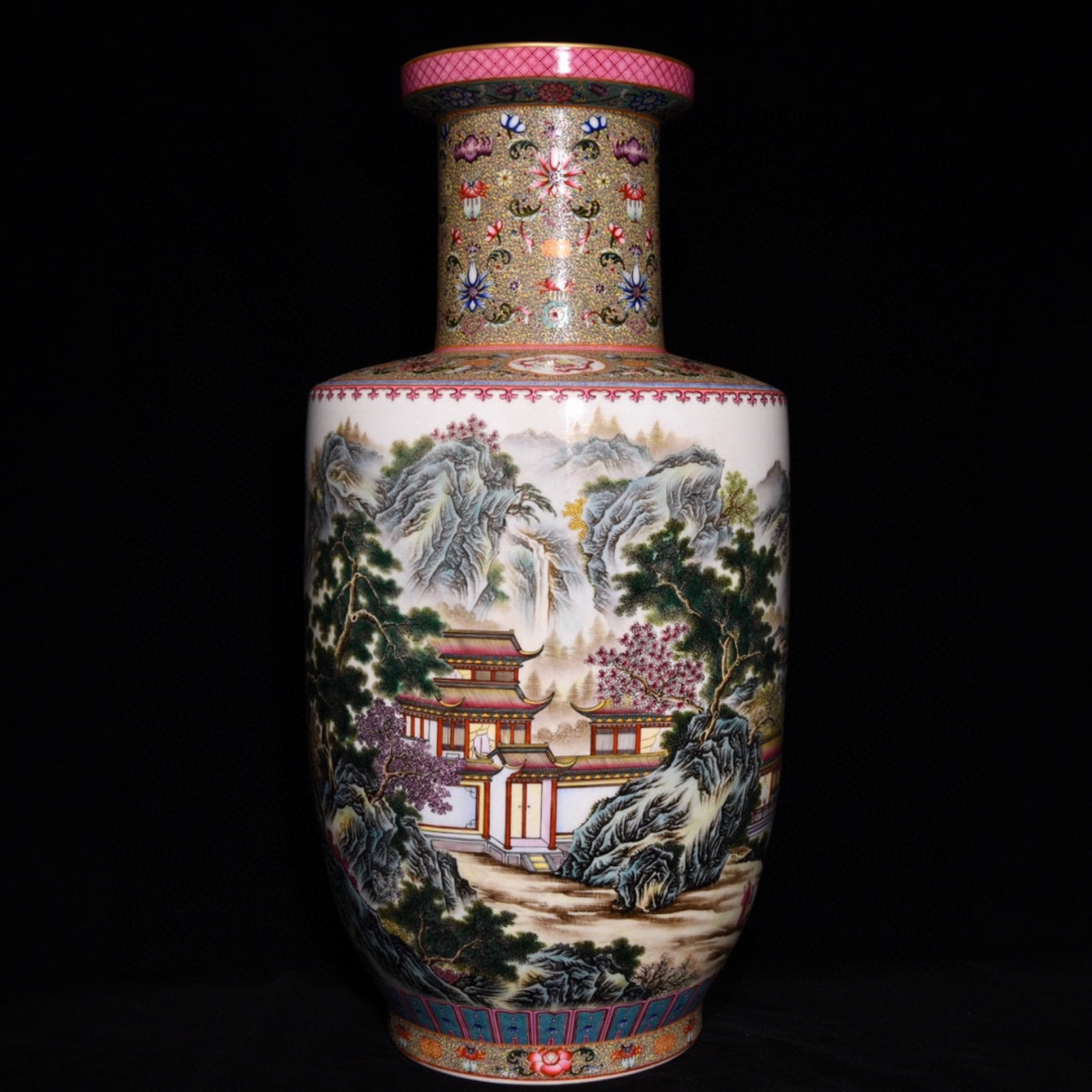 A Huge Famille-Rose Landscape and Figure Pattern Vase: A Huge Famille-Rose Landscape and Figure Pattern Vase,Qing Dynasty,China,Qianlong Six-character Mark,Size:24.3inx12.2in 粉彩山水人物纹瓶,中国