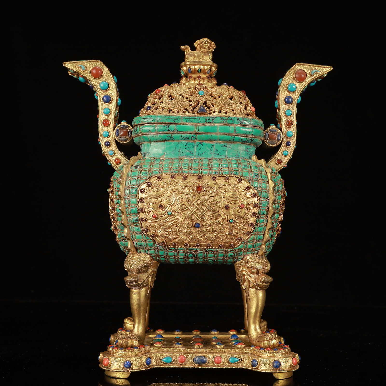 A Rare Gilt Bronze Eight Treasures Pattern Double-Ears Beast-Legs Censer,Inlaid Gems: A Rare Gilt Bronze Eight Treasures Pattern Double-Ears Beast-Legs Censer,Inlaid Gems,Qing Dynasty, China,Qianlong Four-character Mark,Size:10.2inx5.5inx11.8in,Weight:3200g 铜鎏金