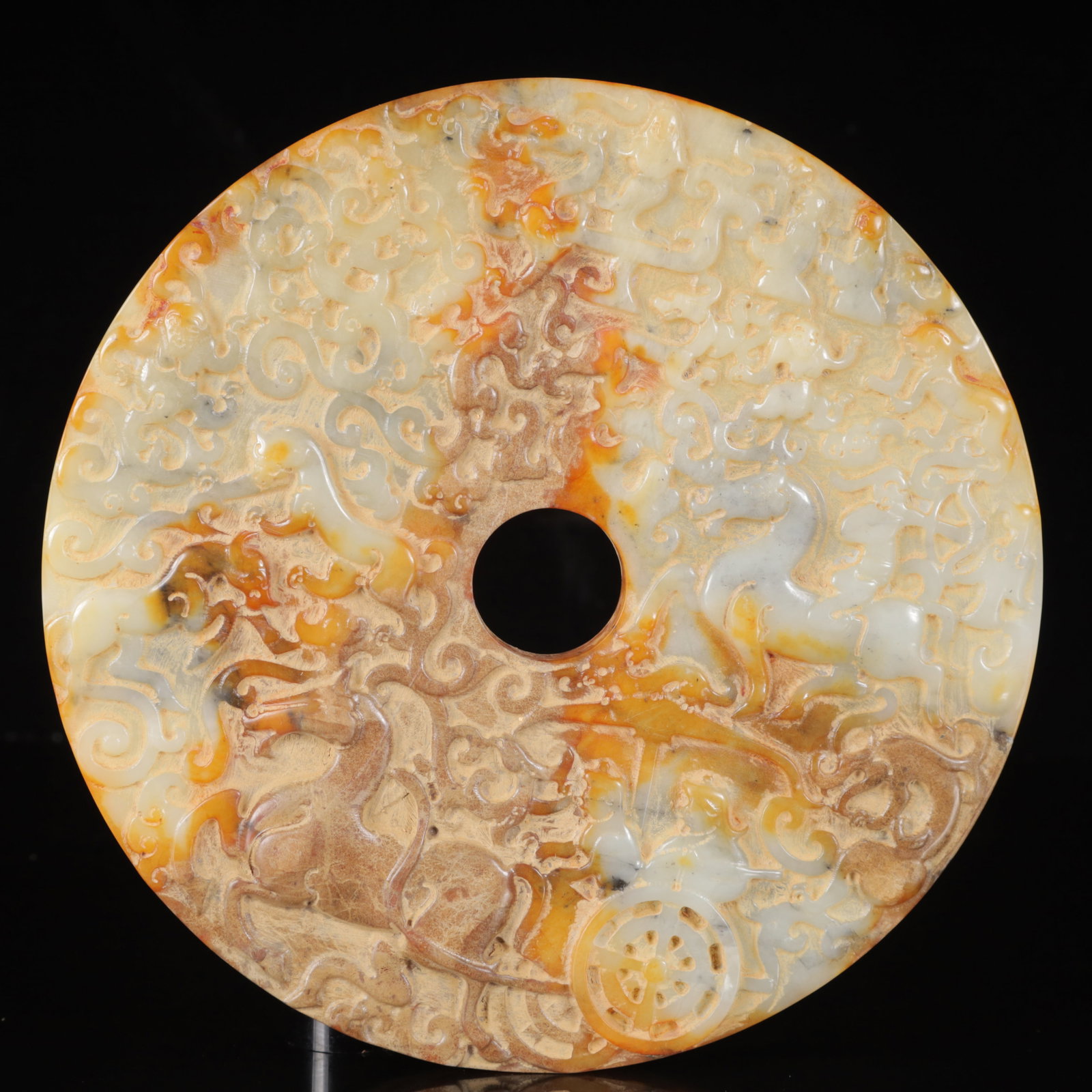An Exquisite White Jade Hunting Pattern Jade Pendant,with Poem: An Exquisite White Jade Hunting Pattern Jade Pendant,with Poem,Qing Dynasty,China,Size:7.9inx0.8in,Weight:950g 白玉狩猎图玉佩,带诗文,中