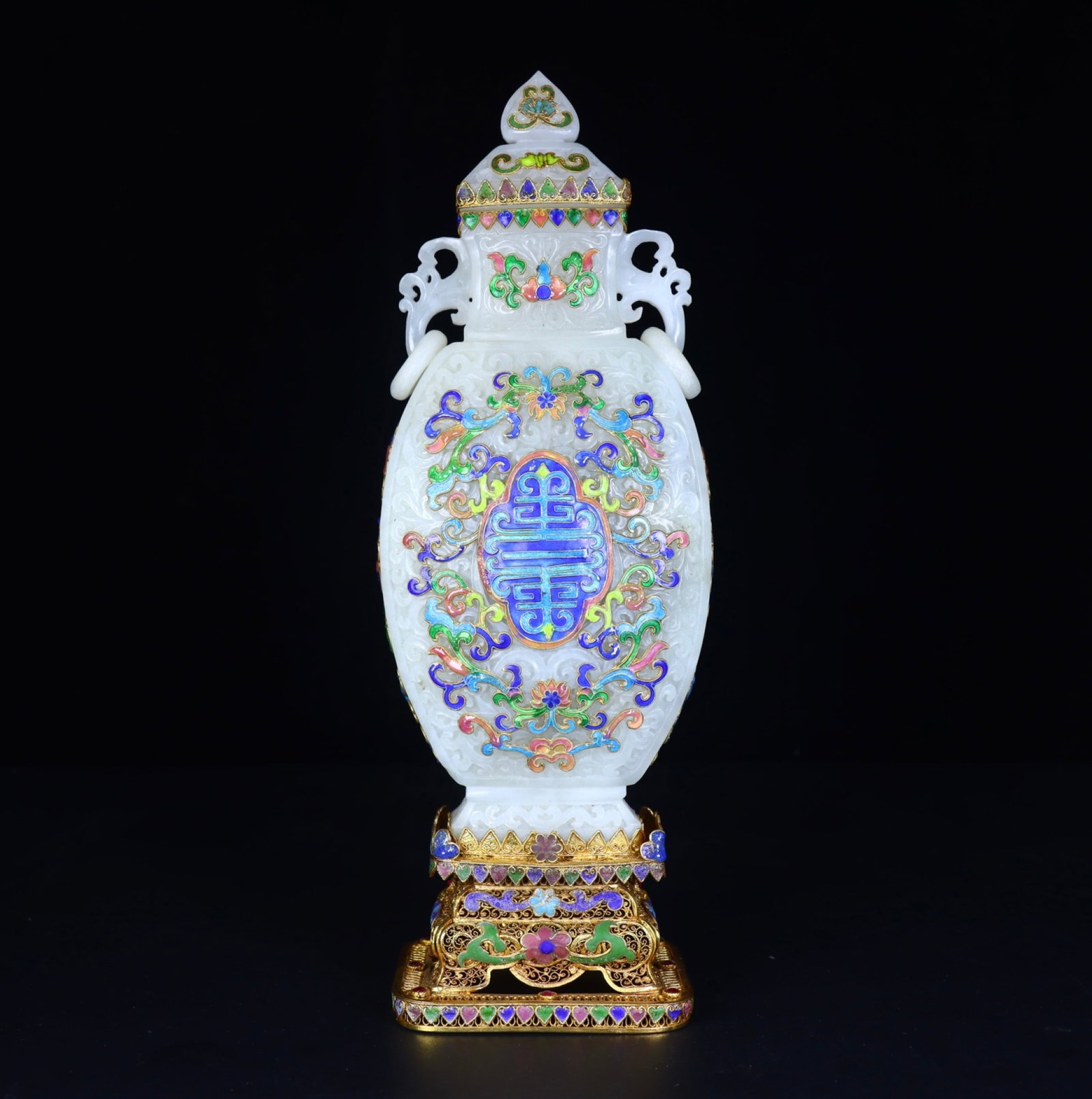 An Exquisite Filigree and Gilding Inlaid White Jade Lotus Pattern Double-Ears Bottle: An Exquisite Filigree and Gilding Inlaid White Jade Lotus Pattern Double-Ears Bottle,Qing Dynasty,China,Qianlong Four-character Mark,Size:3.9inx2.8inx11.4in,Weight:1034g 花丝鎏ດ