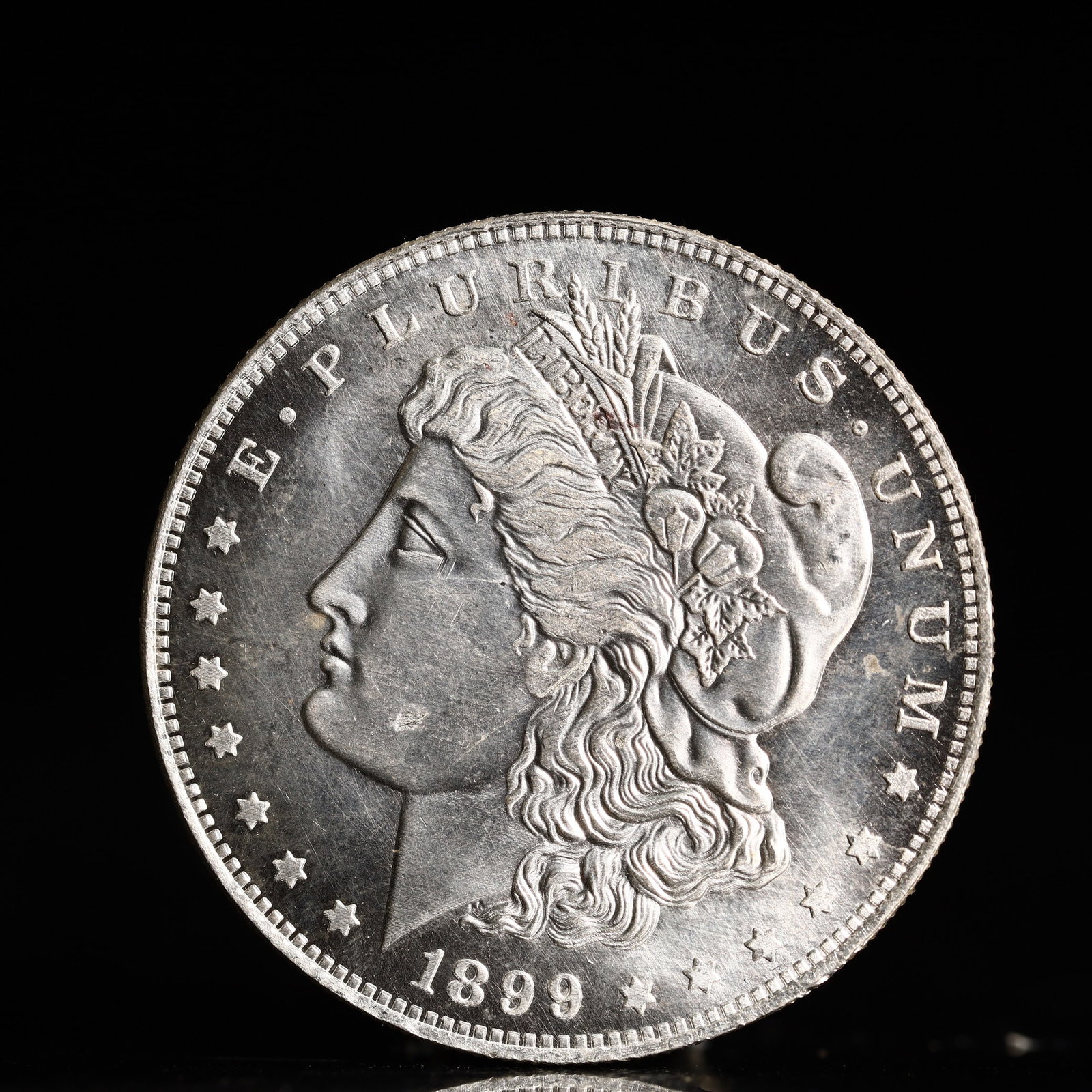 USA Morgan Dollar 1899 Coin: Obv: profile bust with date below and E PLURIBUS UNUM legend and stars around. Rev: eagle with In God we trust above within wreath with UNITED STATES OF AMERICA ONE DOLLAR legend. IN GOD WE TRUST / LI
