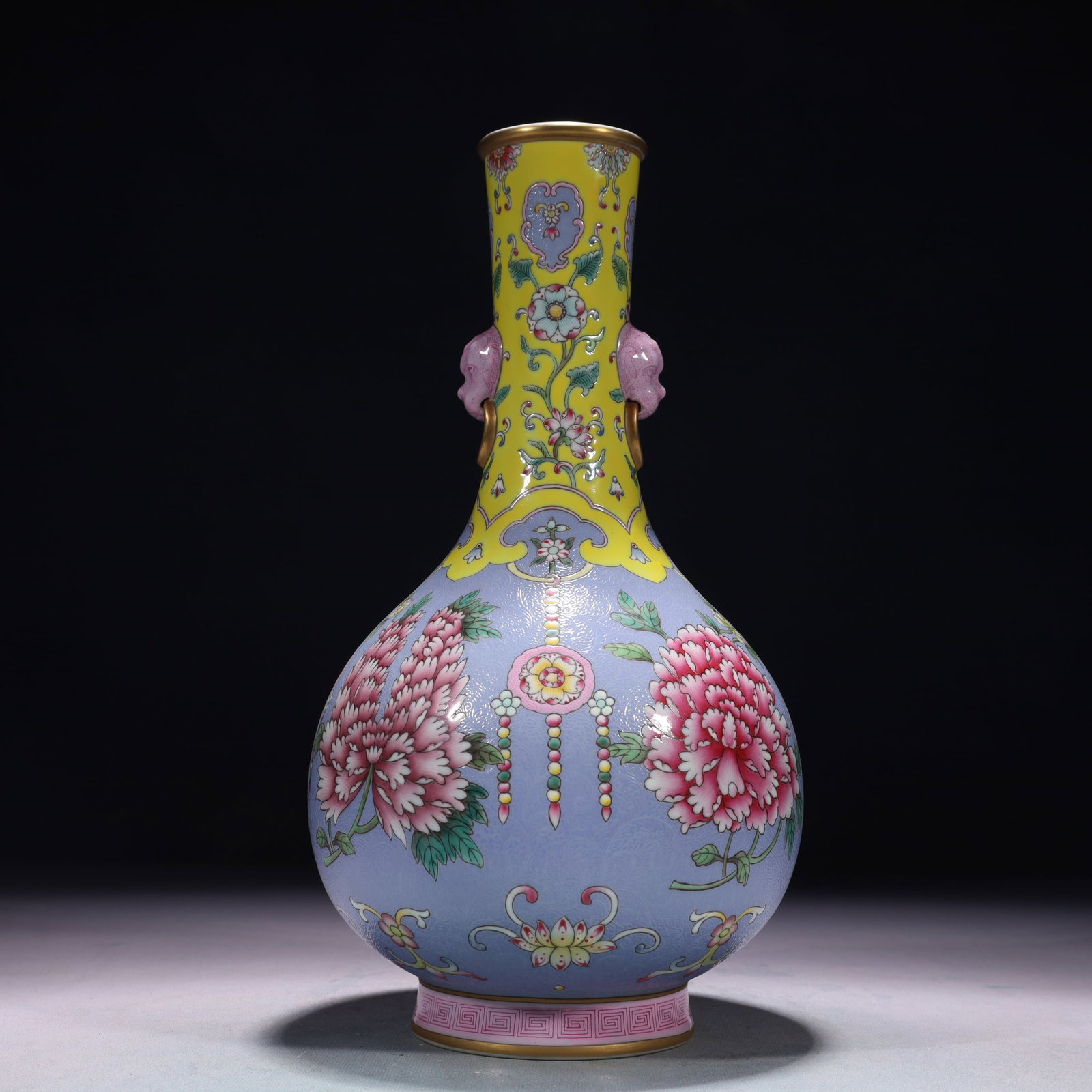 An Exquisite Blue Ground Famille-Rose Painted Gold Flower Pattern Beast-Ears Vase: An Exquisite Blue Ground Famille-Rose Painted Gold Flower Pattern Beast-Ears Vase,Qing Dynasty,China,Qianlong Six-character Mark,Size:5.9inx13in,Weight:1550g 蓝地粉彩描&#