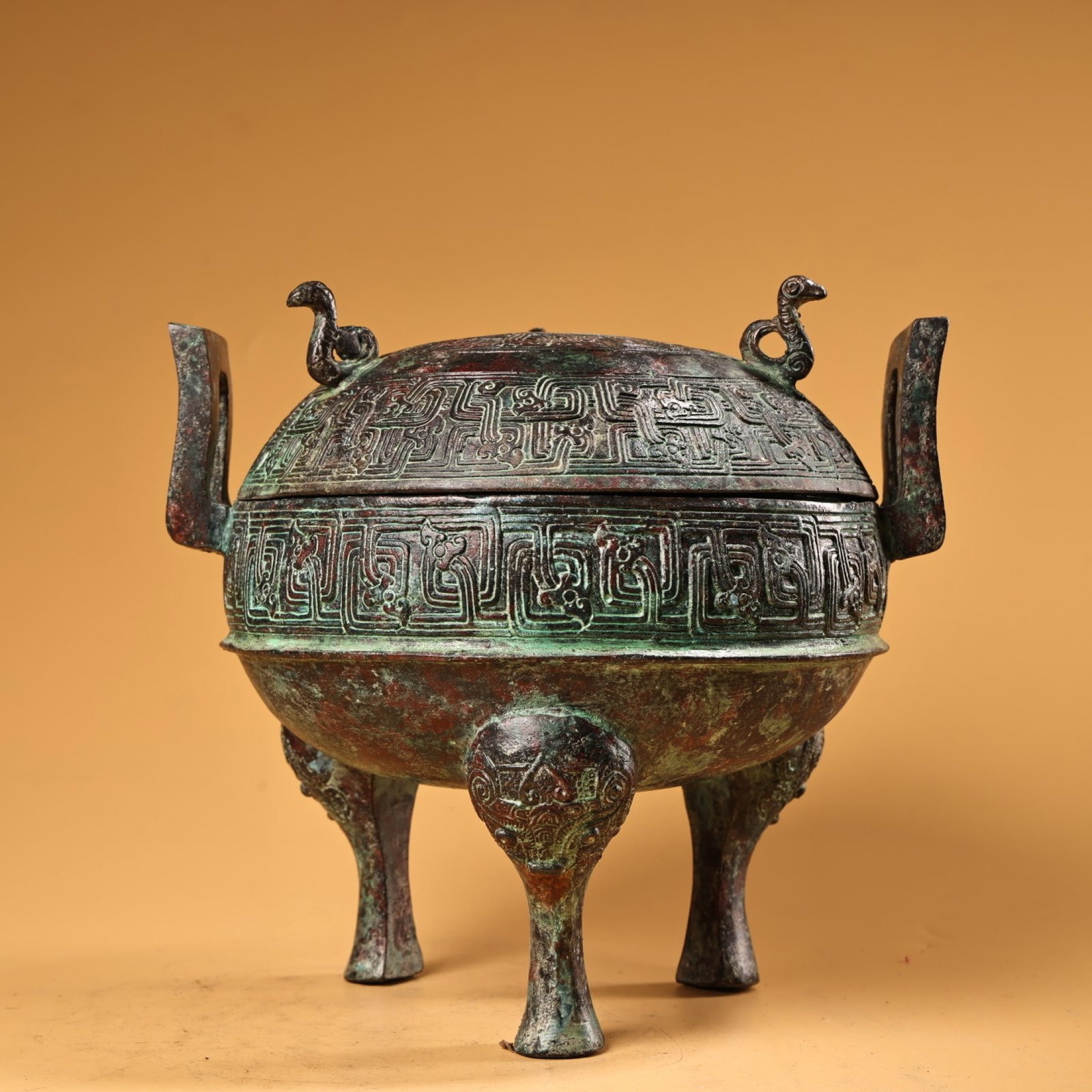 An Exquisite Bronze Chi-Dragon Pattern Double-Ears and Tripod Censer (1 of 10)