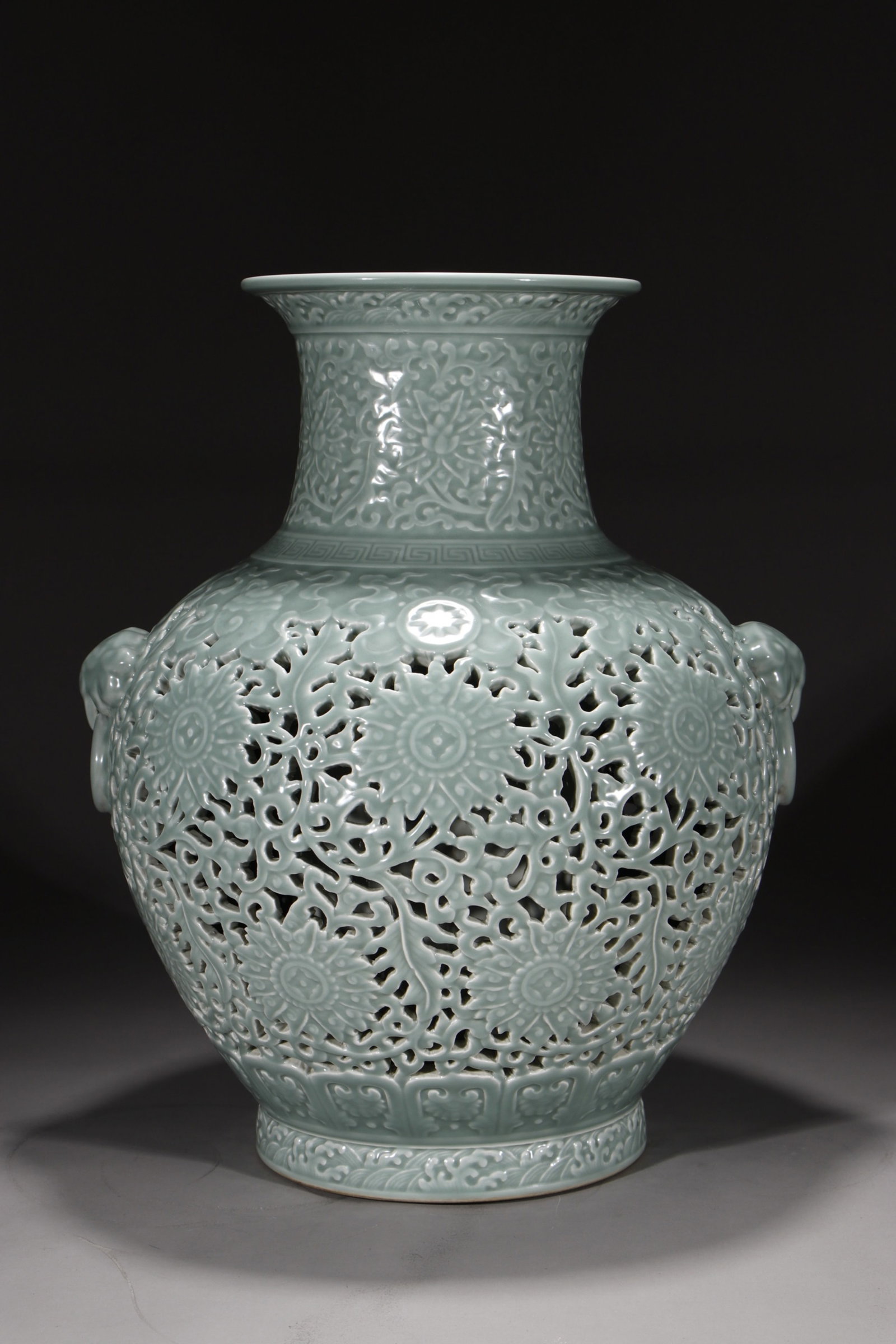 A Huge Celadon Glazed Lotus Pattern Beast-Ears Vase: A Huge Celadon Glazed Lotus Pattern Beast-Ears Vase,Qing Dynasty,China,Qianlong Six-character Mark,Size:20.1in 粉青釉缠枝莲纹兽耳瓶,中