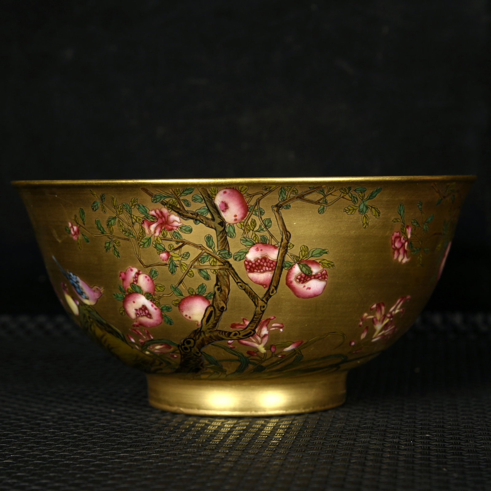 An Exquisite Gold Ground Enamel Flower and Bird Pattern Bowl,with poem: An Exquisite Gold Ground Enamel Flower and Bird Pattern Bowl,with poem,Qing Dynasty,China,Qianlong Four-character Mark,Size:2.8inx5.9in 金地珐琅彩花鸟纹