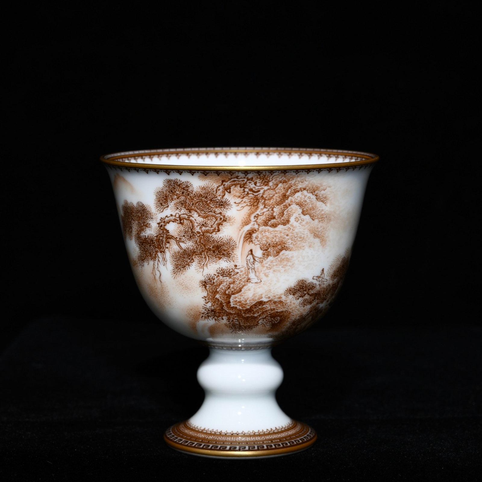 An Exquisite Ink Color Painted Gold Landscape and Figure Pattern Stem Cup,with poem: An Exquisite Ink Color Painted Gold Landscape and Figure Pattern Stem Cup,with poem,Qing Dynasty,China,Yongzheng Four-character Mark,Size:2.8inx2.6in 墨彩描金山水&#