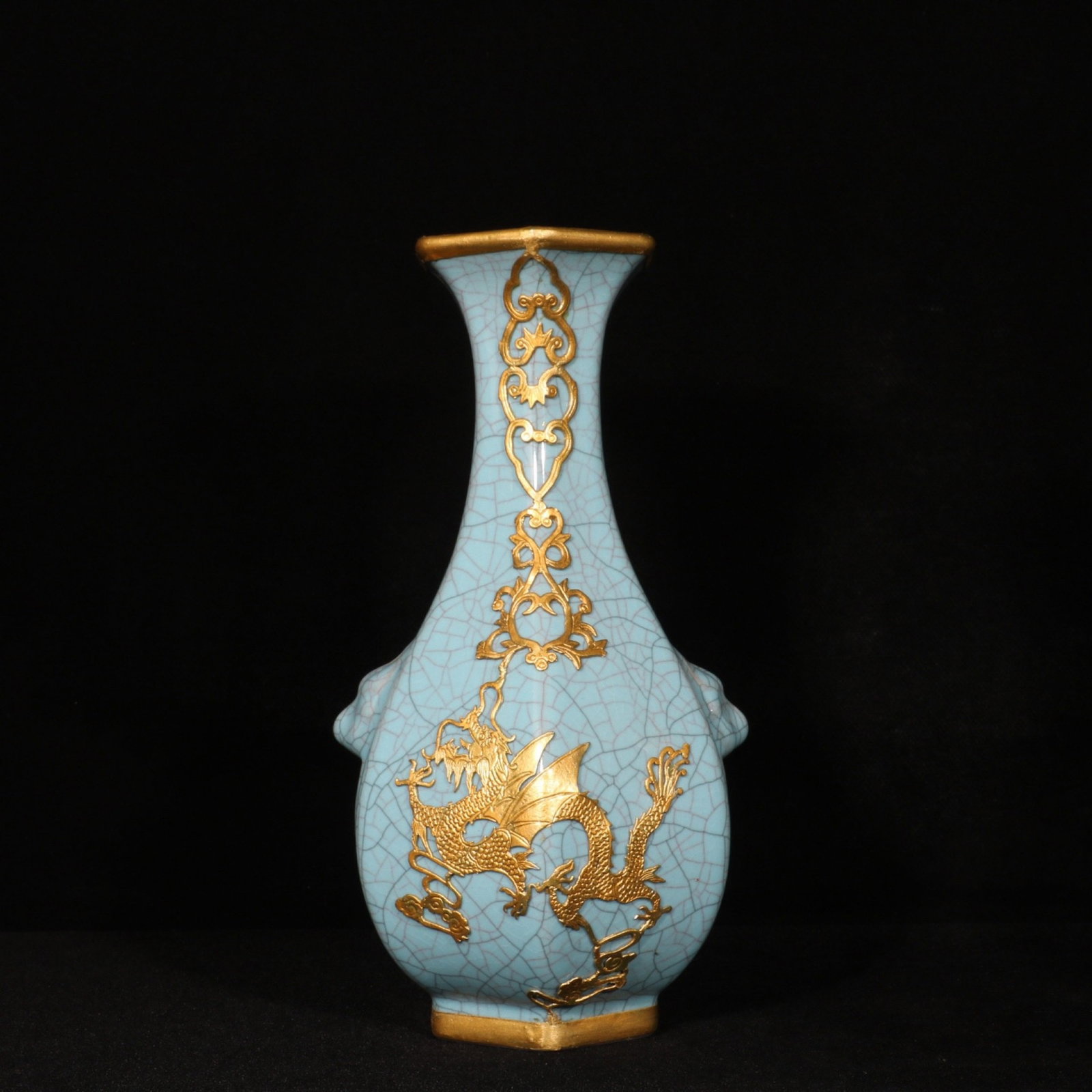 An Exquisite Ge yao Cover with Gold Dragon and Phoenix Pattern Beast-Ears Vase: An Exquisite Ge yao Cover with Gold Dragon and Phoenix Pattern Beast-Ears Vase,Song Dynasty,China,With Mark,Size:9.3inx4.7in 哥窑包金龙凤纹兽耳