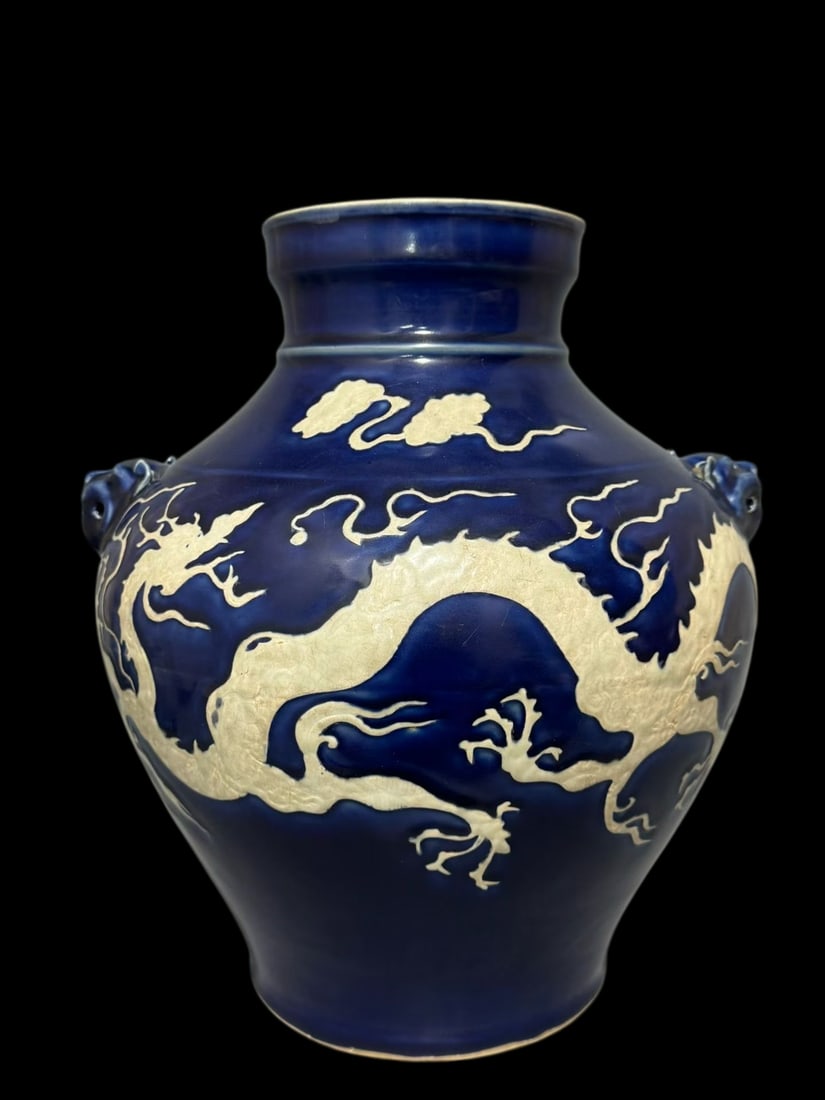 A Rare Ji Blue Glazed Auspicious Cloud and Dragon Pattern Beast-Ears Jar: A Rare Ji Blue Glazed Auspicious Cloud and Dragon Pattern Beast-Ears Jar,Qing Dynasty,China,Size:14.6inx10.6in