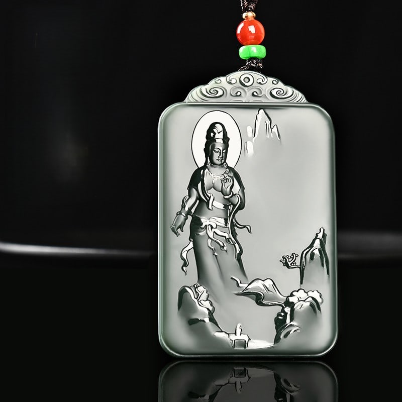 An Exquisite Cyan jade Statue of Avalokitesvara Pendant: An Exquisite Cyan jade Statue of Avalokitesvara Pendant 青玉观音像挂件