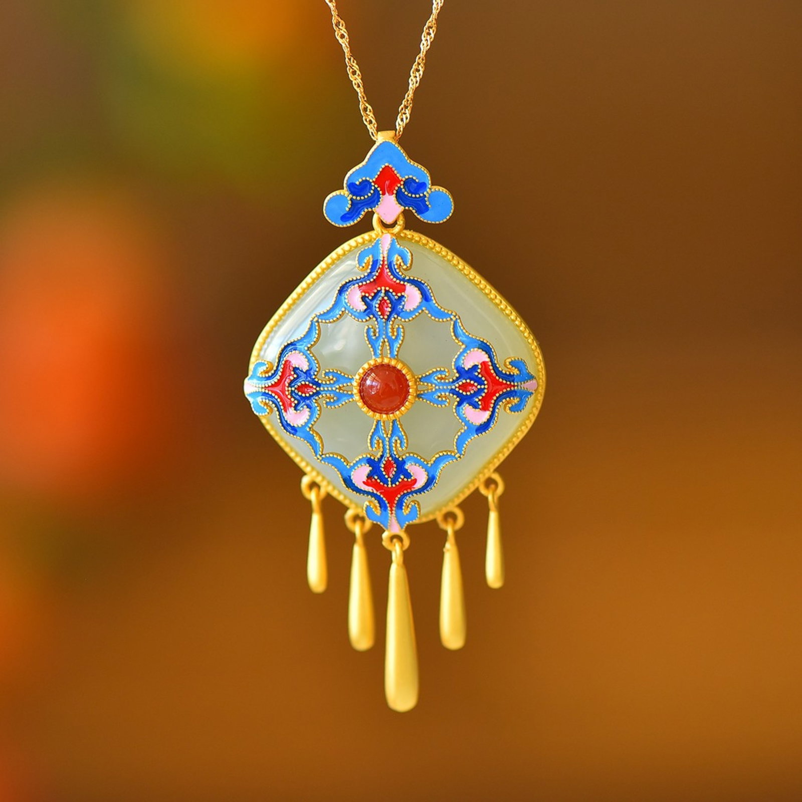An Exquisite Sterling Silver-Gold Plated Inlaid White Jade Pendant (1 of 5)