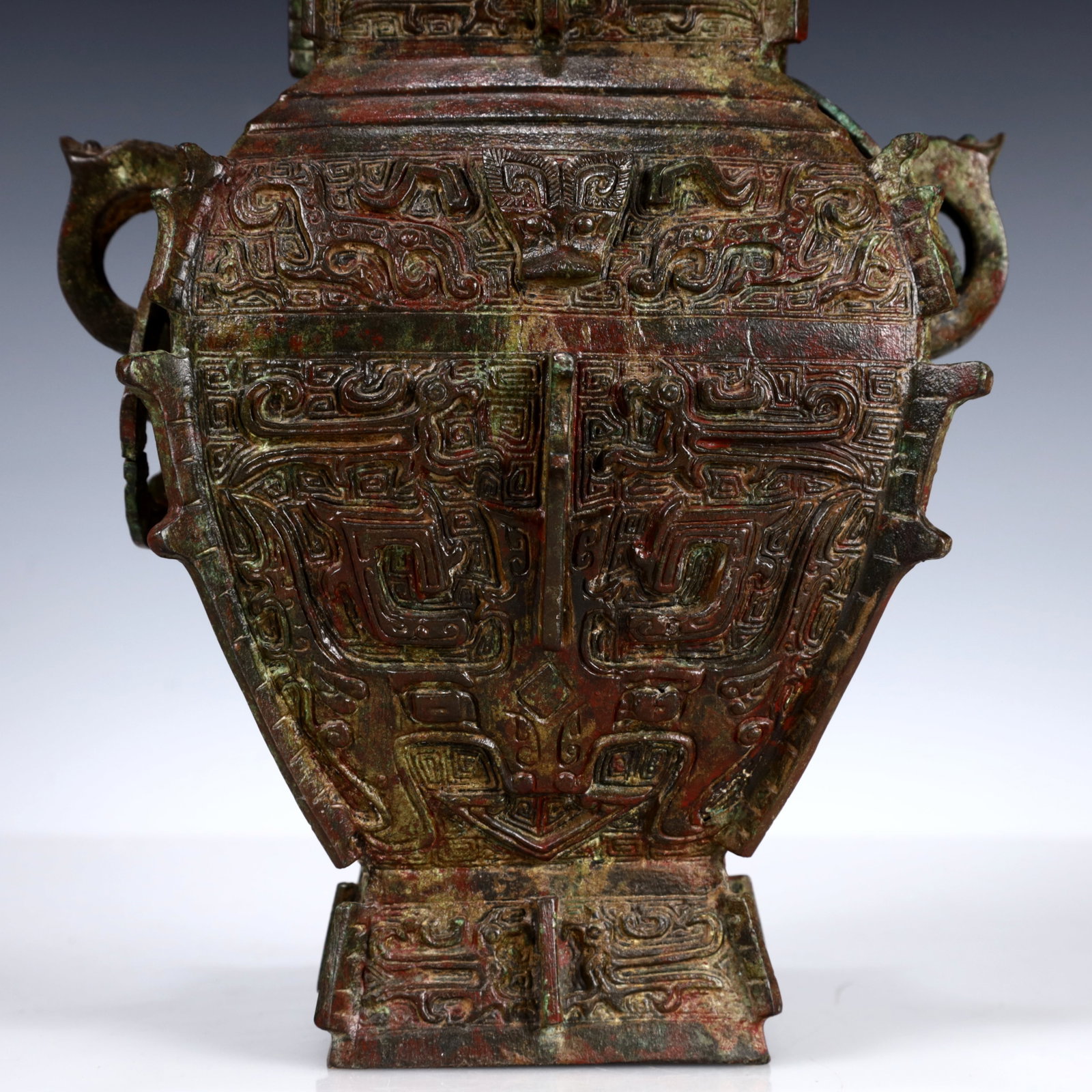 A Rare Bronze Beast-Face Pattern Double-Ears Bottle - 3