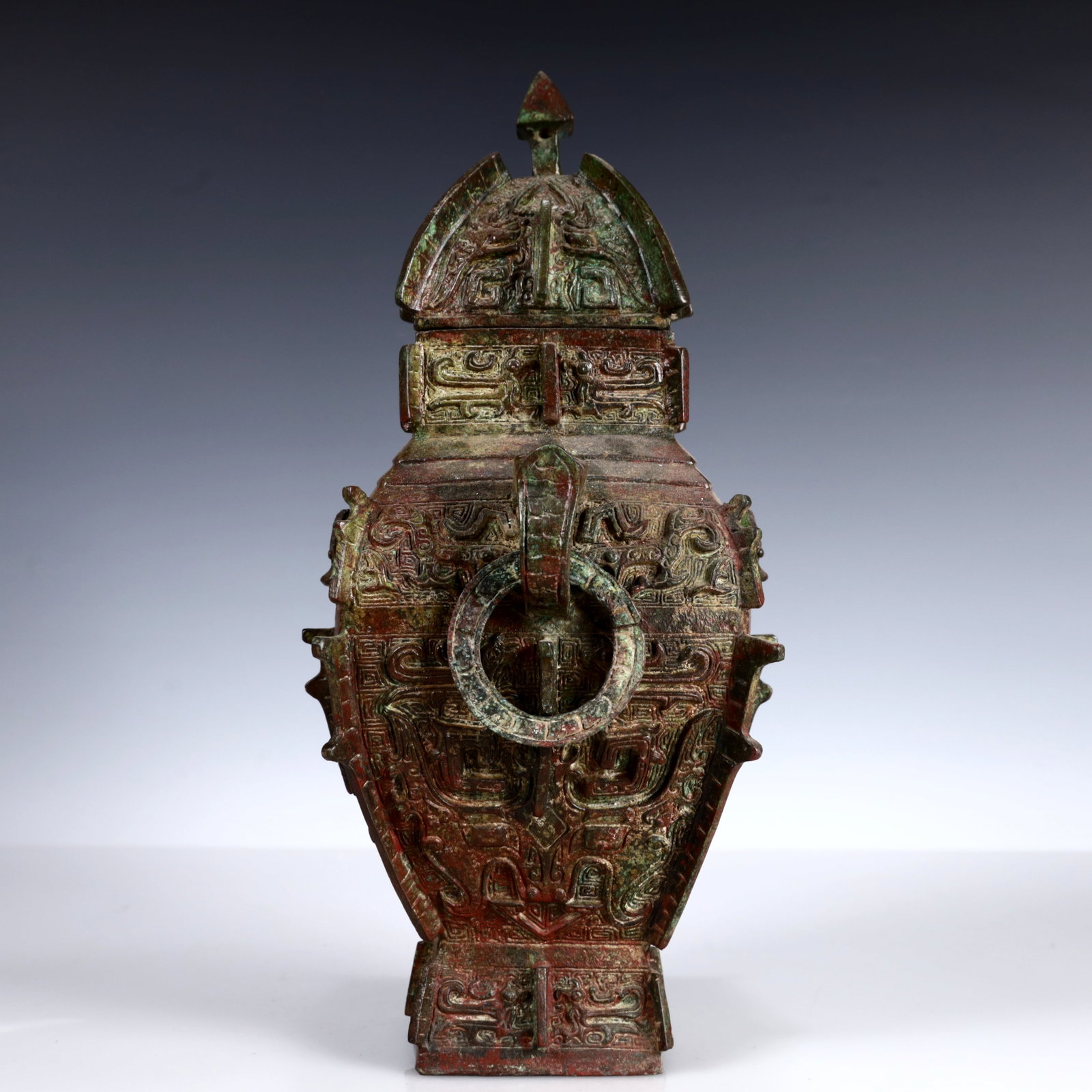 A Rare Bronze Beast-Face Pattern Double-Ears Bottle - 5