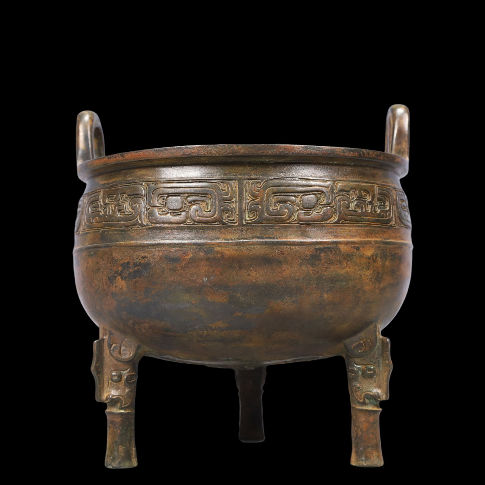 A Precious Bronze Beast-Face Pattern Double-Ears and Tripod Censer,With Inscription: A Precious Bronze Beast-Face Pattern Double-Ears and Tripod Censer,With Inscription,Ancient Time, China,Size:7.5inx7.7in ;Weight:2200g ??????????????????????