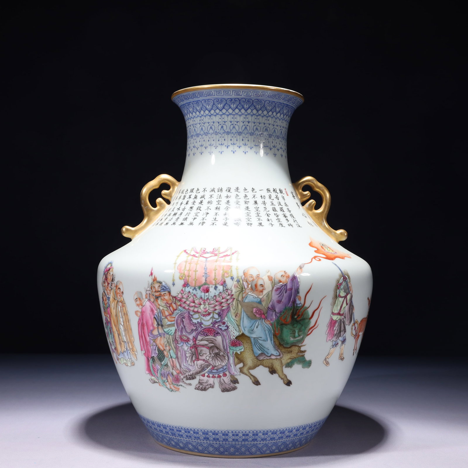 An Exquisite Famille-Rose Painted Gold Character and Story Pattern Double-Ears Vase,with poem: An Exquisite Famille-Rose Painted Gold Character and Story Pattern Double-Ears Vase,with poem,Qing Dynasty,China,Yongzheng Six-character Mark,Size:9.8inx13.4in,Weight:4400g 粉彩描