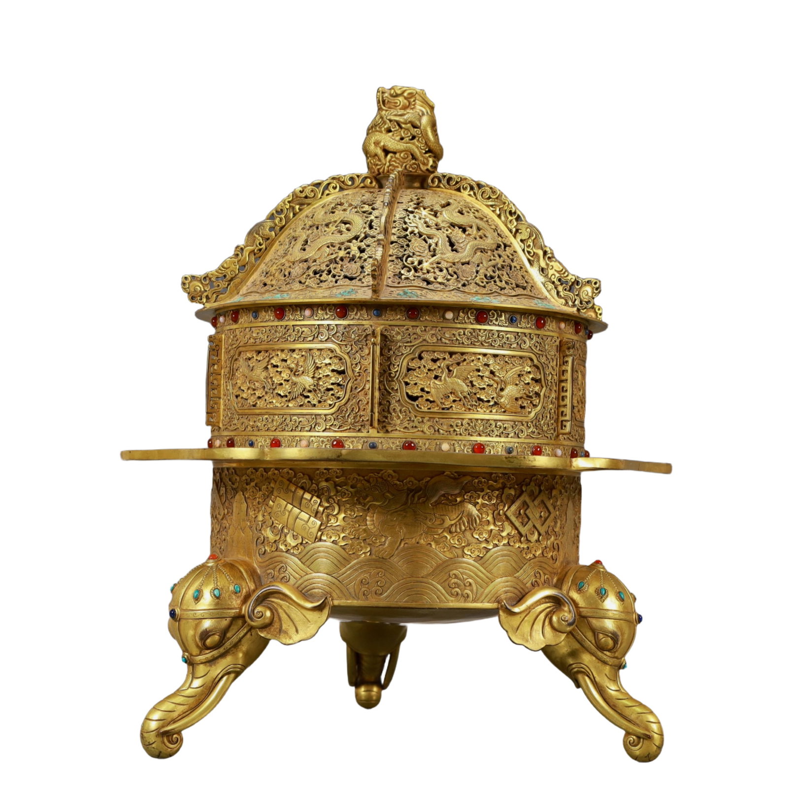 A Rare Gilt Bronze Dragon and Phoenix Pattern Elephant-legs Censer,Inlaid Gems (1 of 12)