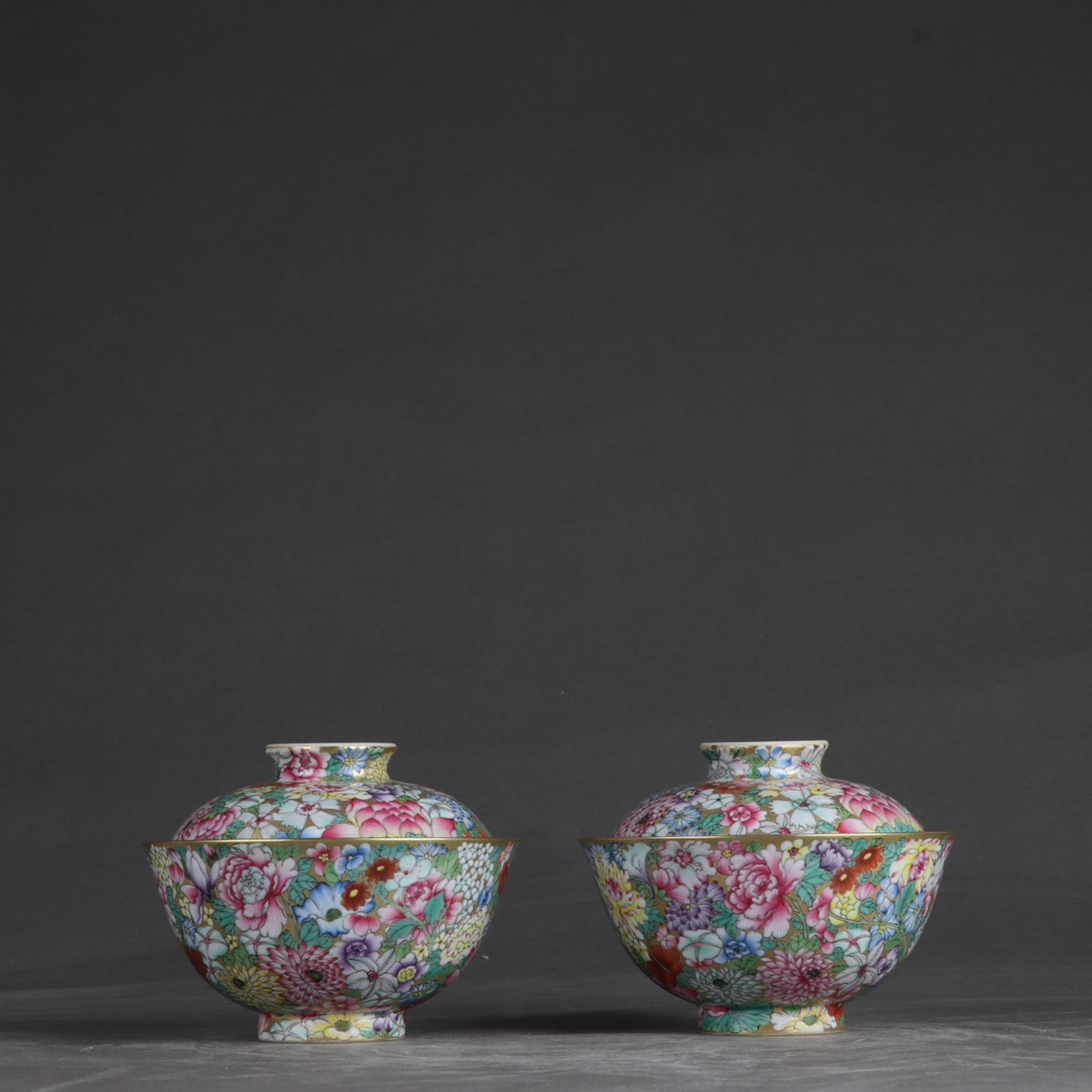 A Pair of Exquisite Enamel Flower Pattern Bowls with Cover (1 of 9)
