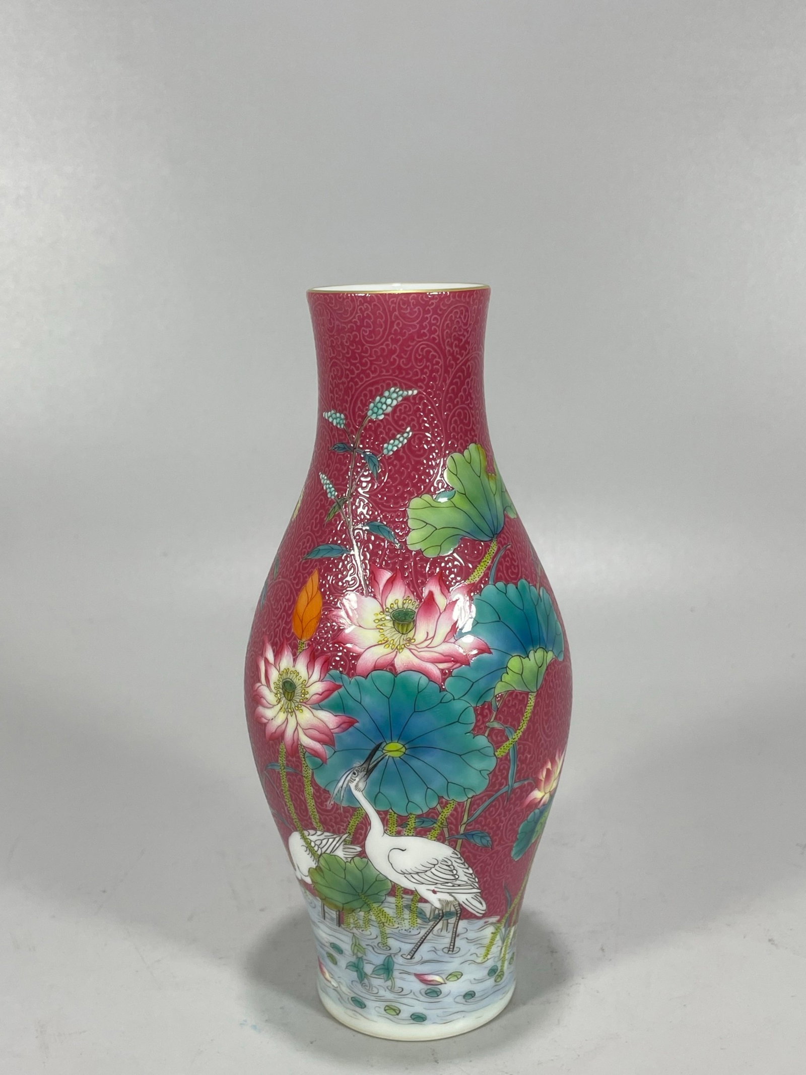An Exquisite Ruby Red-Glazed Famille-Rose Flower and Bird Pattern Vase,with poem (1 of 7)