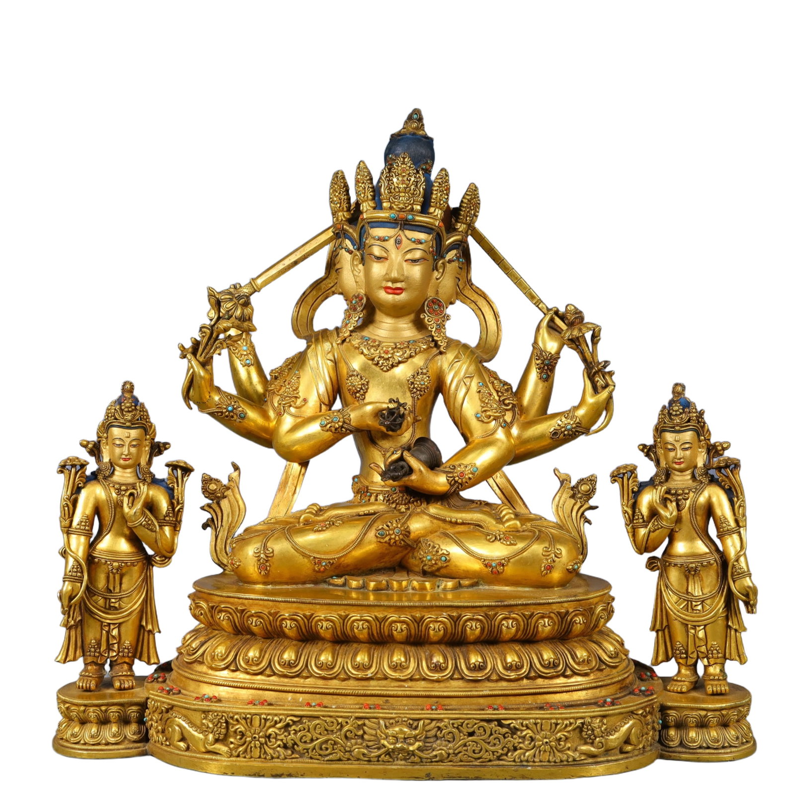 A Solemn Gilt Bronze Statue of Gautama??s Mother,Inlaid Gems and Turquoise: A Solemn Gilt Bronze Statue of Gautama’s Mother,Inlaid Gems and Turquoise,Qing Dynasty, China,Size:16.9inx9.4inx17.7in,Weight:16300g 铜鎏金佛母像,嵌