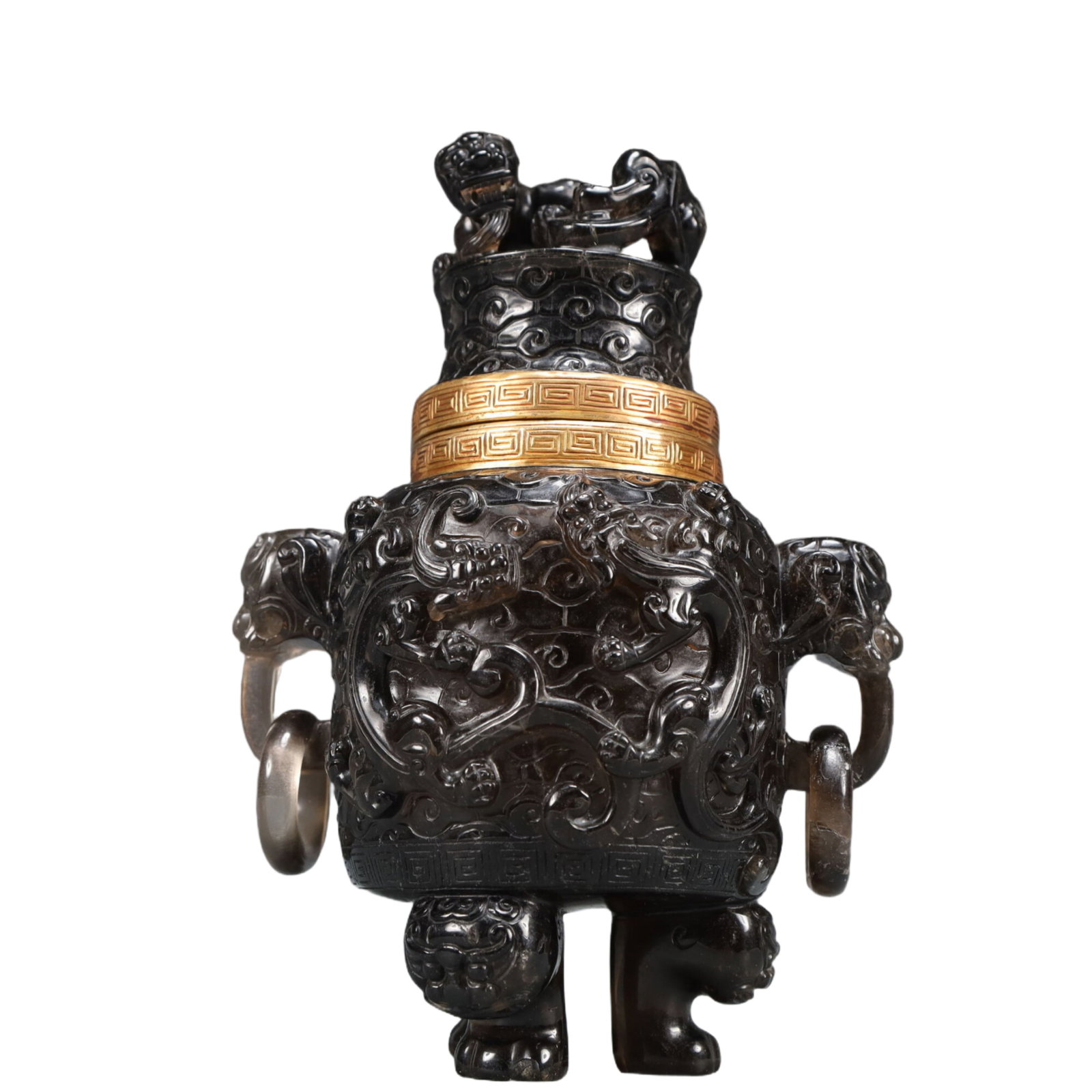 An Exquisite Crystal Auspicious Beast Pattern Double-Ears and Tripod Censer: An Exquisite Crystal Auspicious Beast Pattern Double-Ears and Tripod Censer,Qing Dynasty, China,Size:5.5inx3.5inx7.5in Weight:1150g 水晶瑞兽纹双耳三$