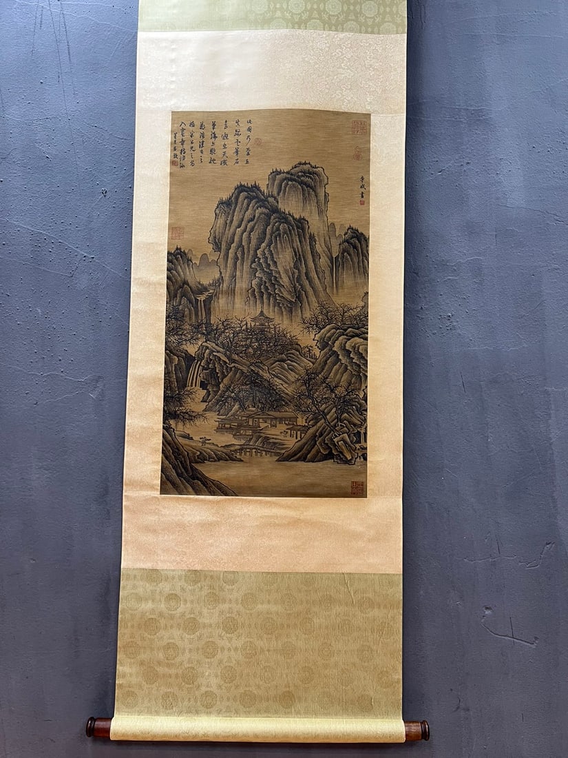 A Chinese Vertical Scroll Ink Painting of Landscape and Figure on Silk,Li Cheng: A Chinese Vertical Scroll Ink Painting of Landscape and Figure on Silk,Li Cheng,Size:(Without frame)29.9inx15.7in 一幅中国水墨绢本山水ߟ