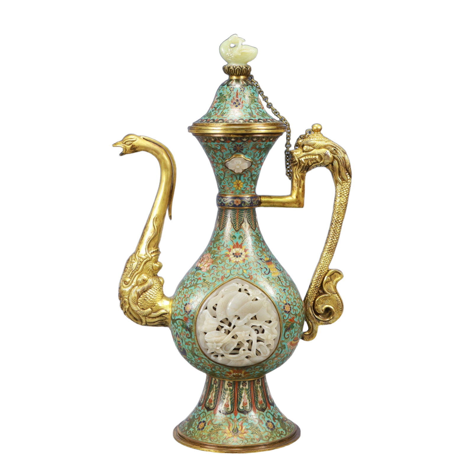 An Exquisite Cloisonne Inlaid White Jade Flower and Bird Pattern Beast-mouse Ewer (1 of 11)