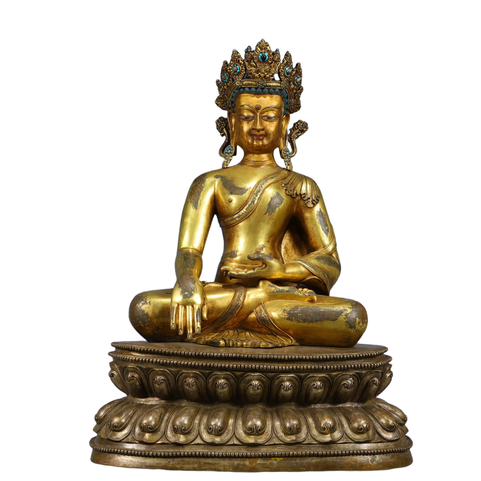 A Solemn Gilt Bronze Statue of Sakyamuni,Inlaid Turquoise,With Inscription: A Solemn Gilt Bronze Statue of Sakyamuni,Inlaid Turquoise,With Inscription,Qing Dynasty, China,Size:16.1inx10.6inx23.6in,Weight:21150g 铜鎏金释迦摩尼像,
