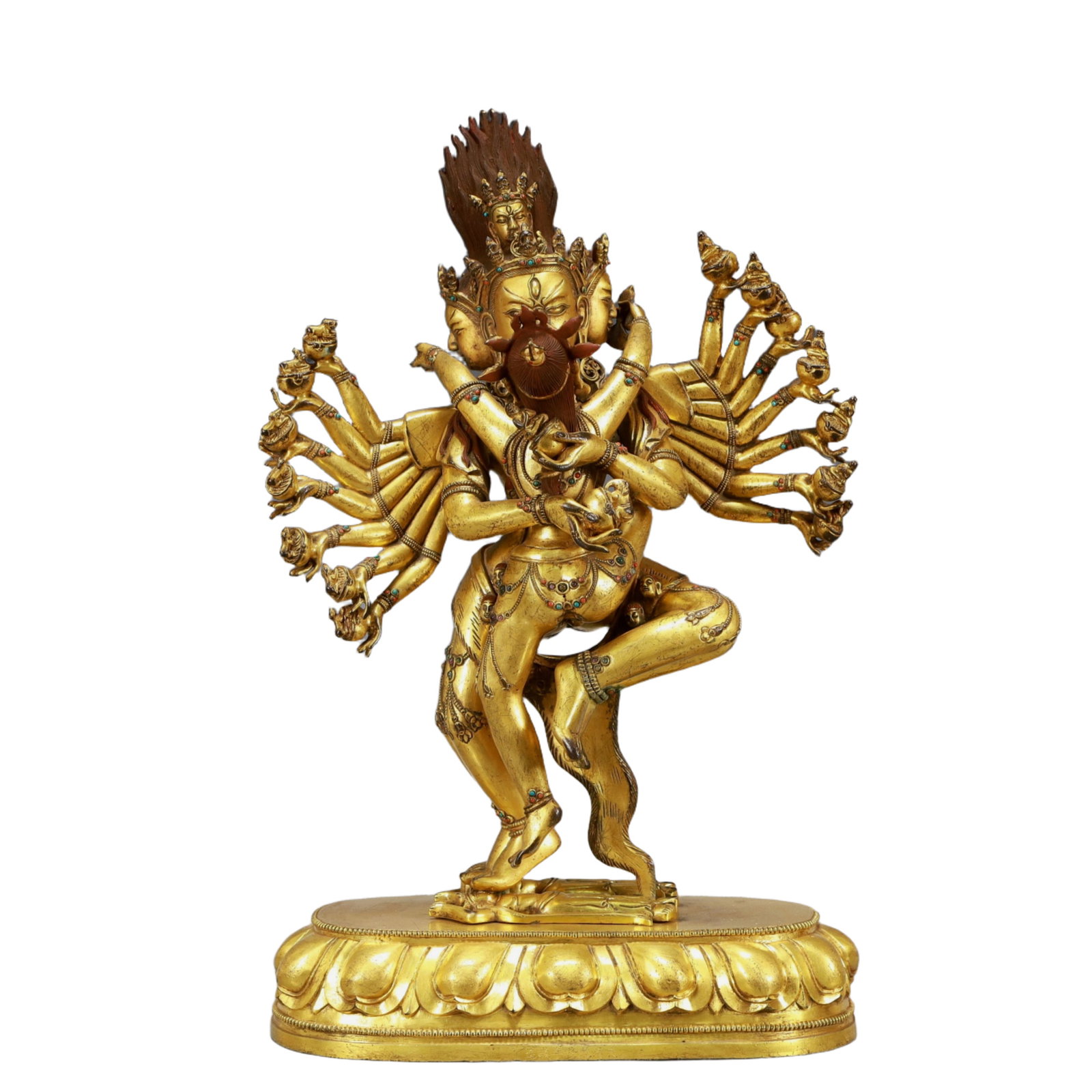 A Solemn Gilt Bronze Statue of Vajra,Inlaid Turquoise,With Inscription: A Solemn Gilt Bronze Statue of Vajra,Inlaid Turquoise,With Inscription,Qing Dynasty, China,Kangxi Seven-character Mark,Size:12.2inx5.9inx2in,Weight:15050g