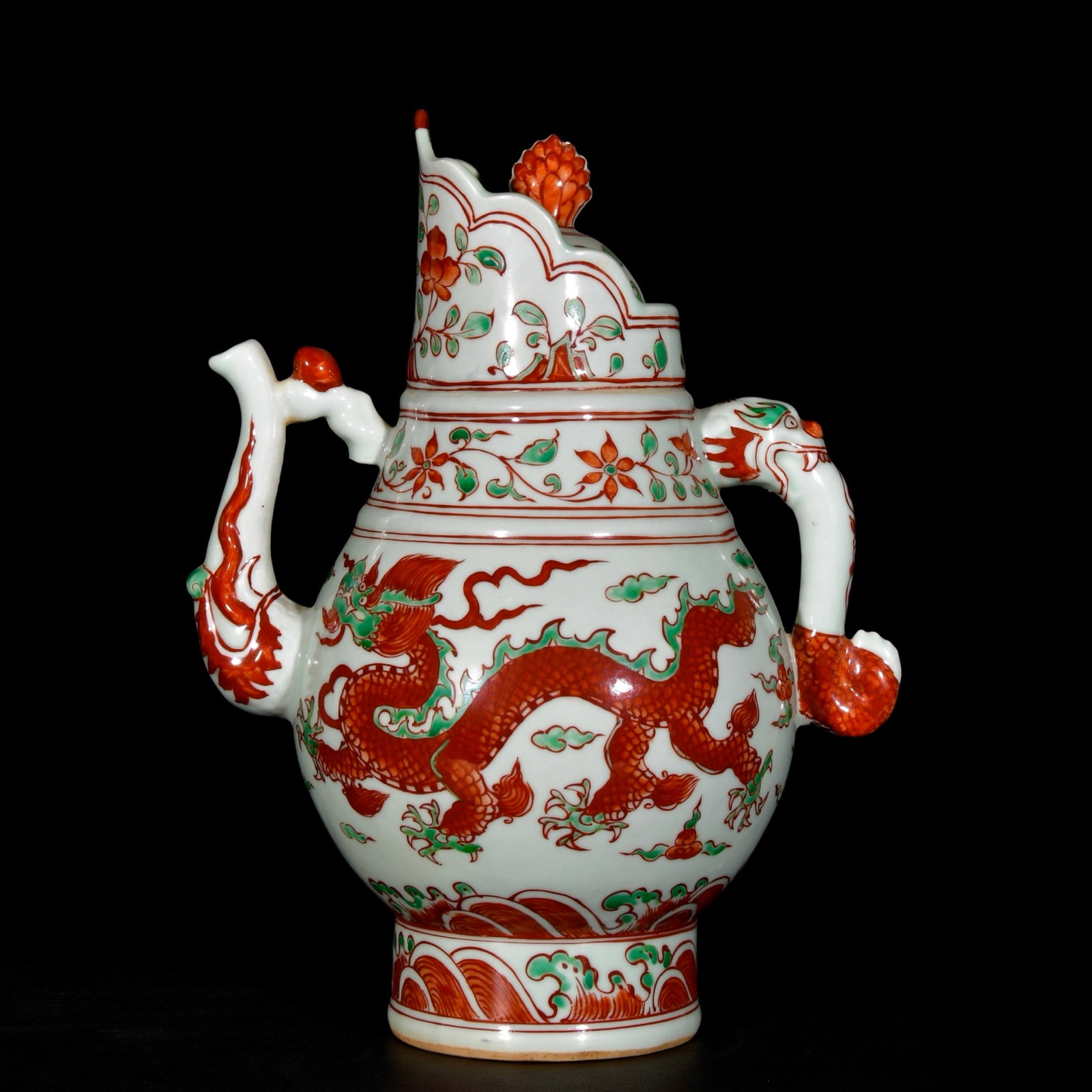 A Rare Red Green Color Auspicious Cloud and Dragon Pattern Ewer (1 of 9)