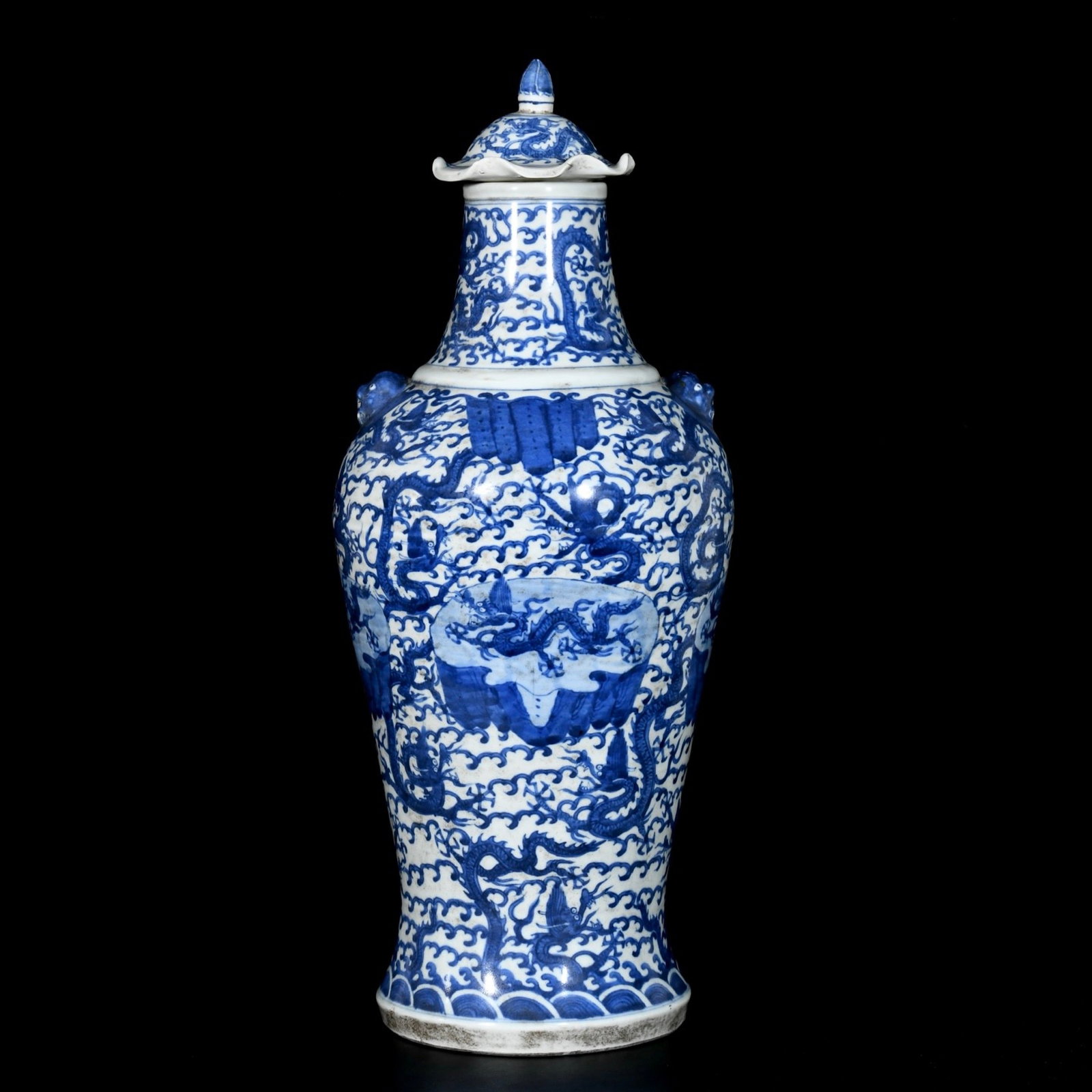 A Huge Blue and White Dragon Pattern Beast-Ears Bottle: A Huge Blue and White Dragon Pattern Beast-Ears Bottle,Ming Dynasty,China,Jiajing Six-character Mark,Size:19.3inx8.3in