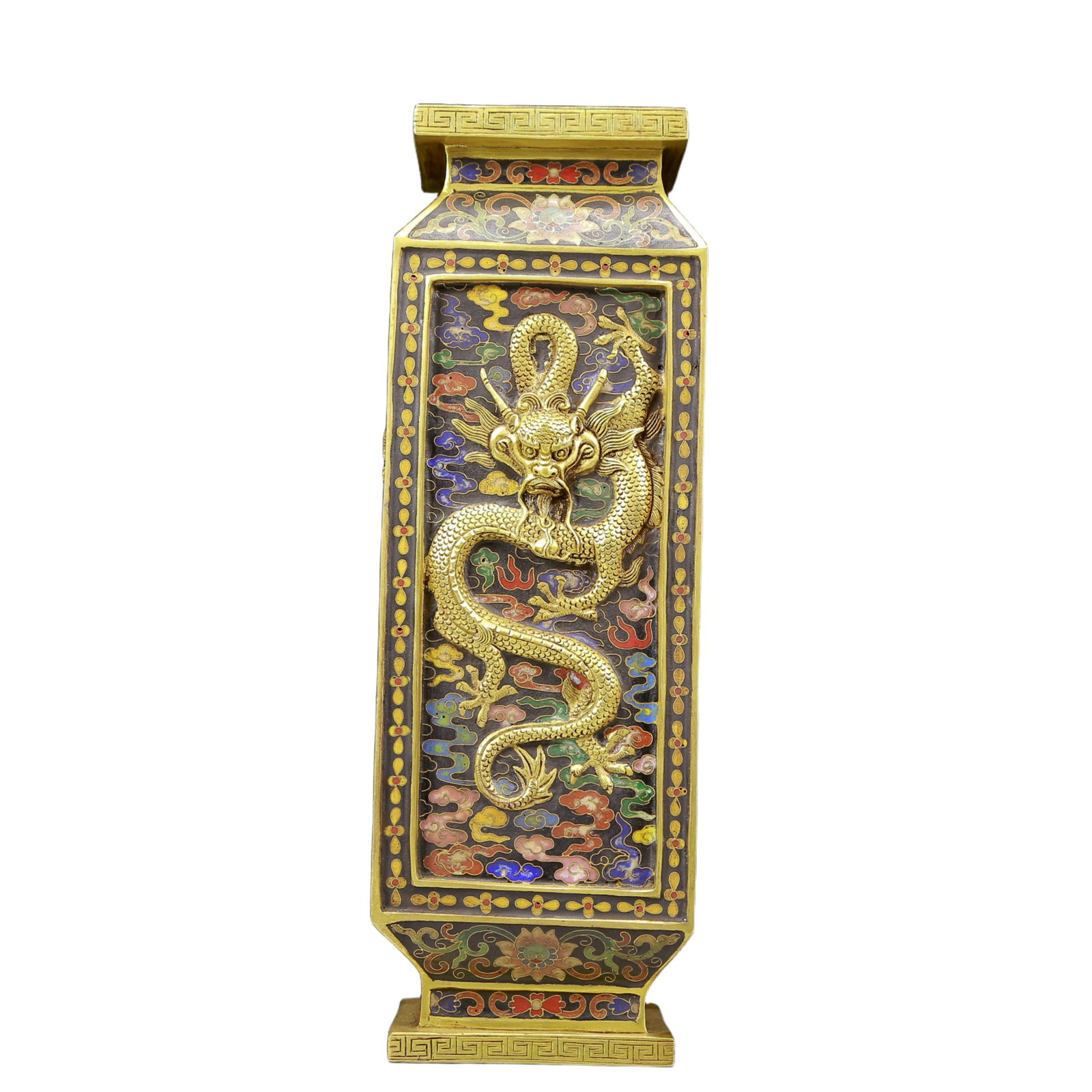 A Rare Cloisonne Auspicious Cloud and Dragon Pattern Vase: A Rare Cloisonne Auspicious Cloud and Dragon Pattern Vase,Qing Dynasty, China,Qianlong Four-character Mark,Size:3.9inx11.8in,Weight:3885g 景泰蓝祥云龙纹ல