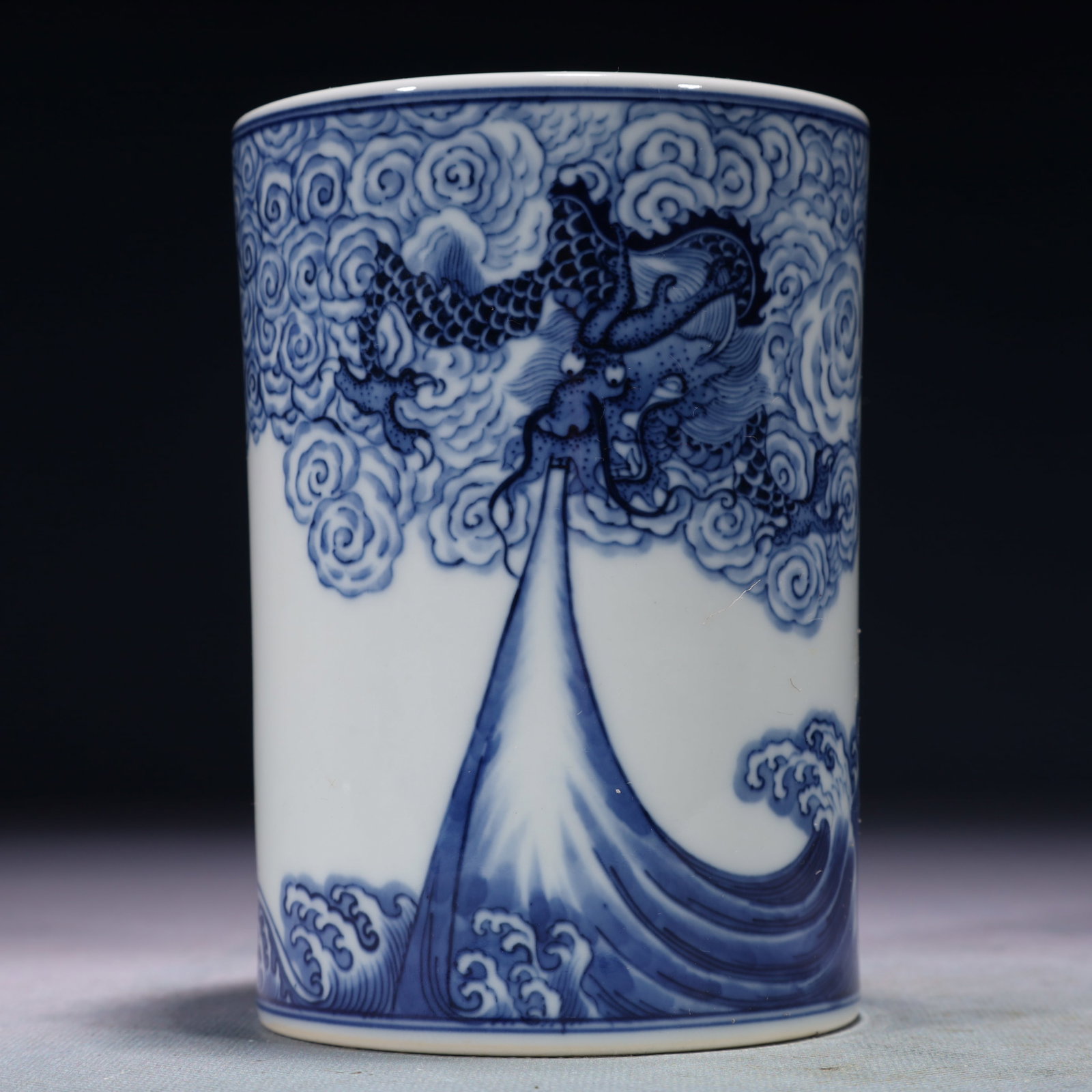 An Exquisite Blue and White Seawater and Dragon Pattern Brush Pot,with poem: An Exquisite Blue and White Seawater and Dragon Pattern Brush Pot,with poem,Qing Dynasty,China,Yongzheng Six-character Mark,Size:3.9inx5.3in,Weight:500g 青花海水龙纹