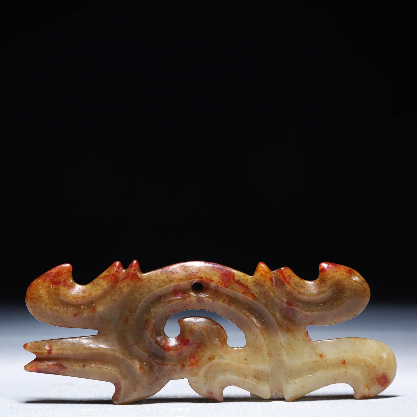 An Archaic Hongshan Culture White Jade Auspicious Cloud Pattern Pendant: An Archaic Hongshan Culture White Jade Auspicious Cloud Pattern Pendant,Ancient Time,China,Size:4.7inx1.7in,Weight:56.2g