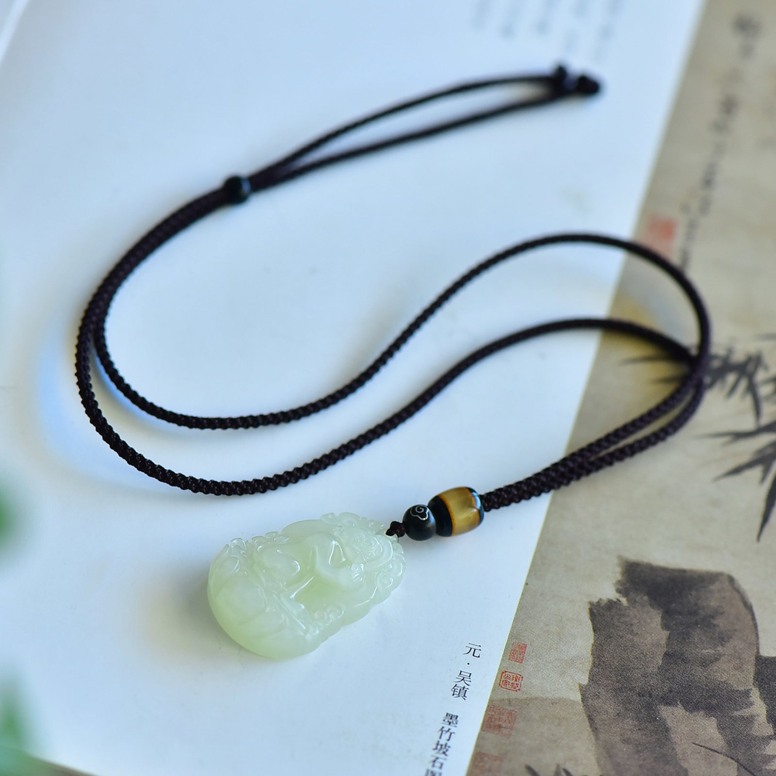 An Exquisite Greenish Jade Monkey Pattern Pendant - 4