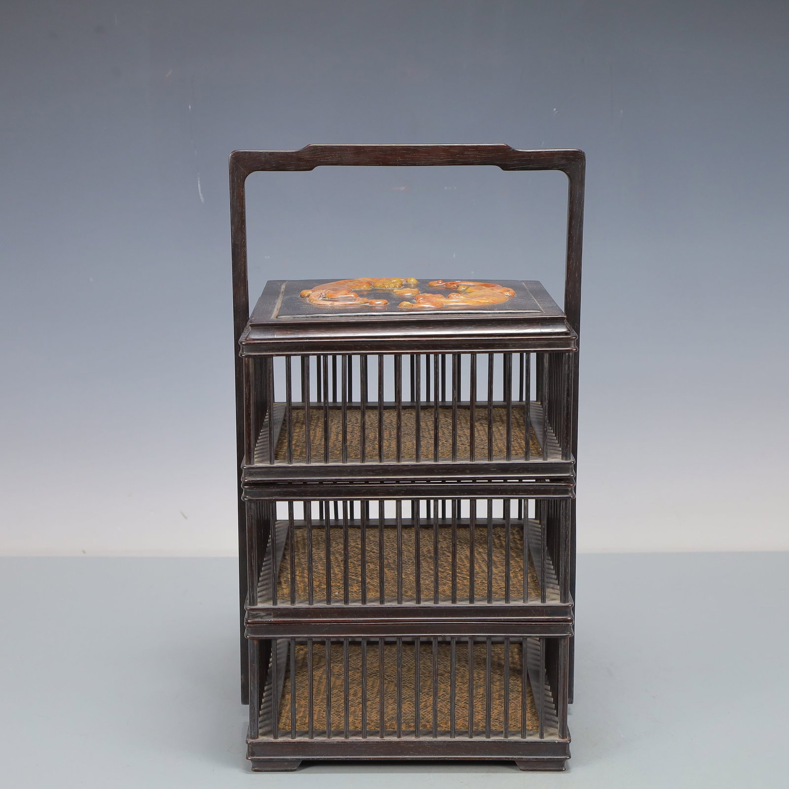 An Exquisite Zitanwood Inlaid Shoushan Stone Auspicious Animal Pattern Tiered box: An Exquisite Zitanwood Inlaid Shoushan Stone Auspicious Animal Pattern Tiered box,Qing