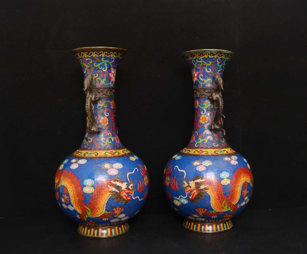 A Pair of Exquisite Cloisonne Dragon and Phoenix Pattern Dragon-Ears Vases: A Pair of Exquisite Cloisonne Dragon and Phoenix Pattern Dragon-Ears Vases,Qing Dynasty,China,with Qianlong Four-character