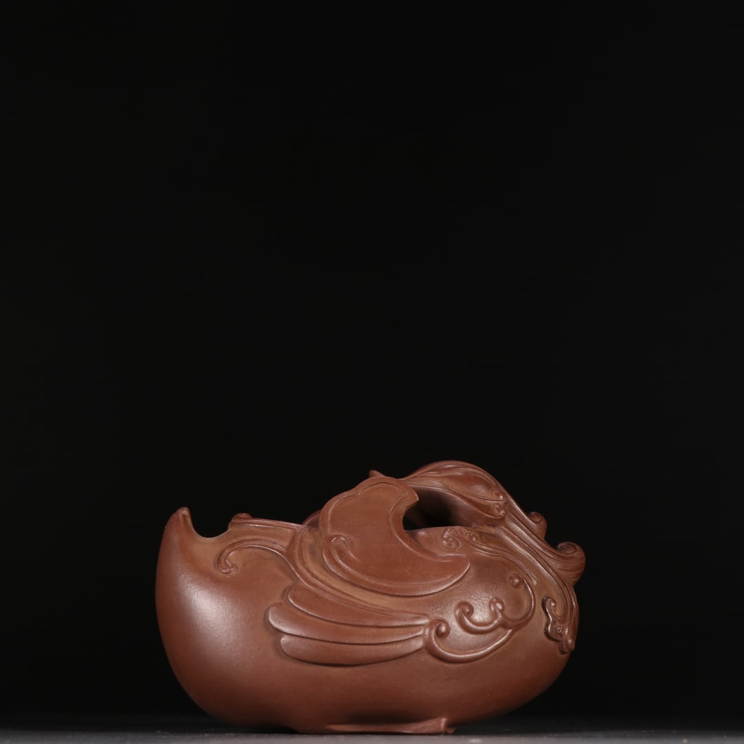 An Exquisite Purple Sands Mandarin Duck Brush Washer,with poem: An Exquisite Purple Sands Mandarin Duck Brush Washer,with poem,Qing Dynasty,China,with Famous Artisan