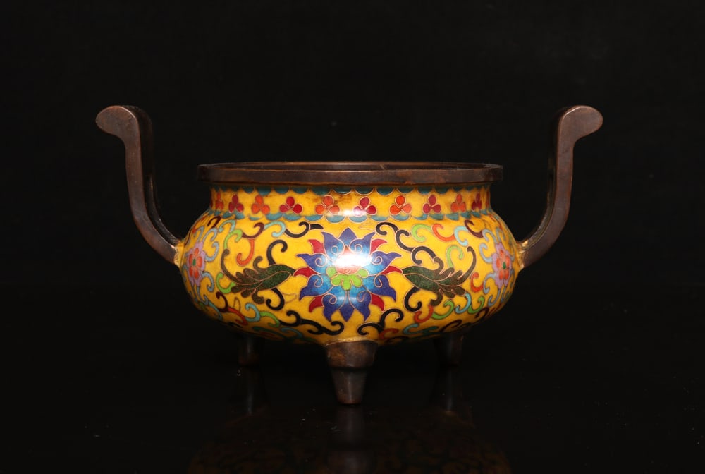 An Exquisite Cloisonne Lotus Pattern Double-Ears Censer: An Exquisite Cloisonne Lotus Pattern Double-Ears Censer,Qing Dynasty,China,with Qianlong Four-character