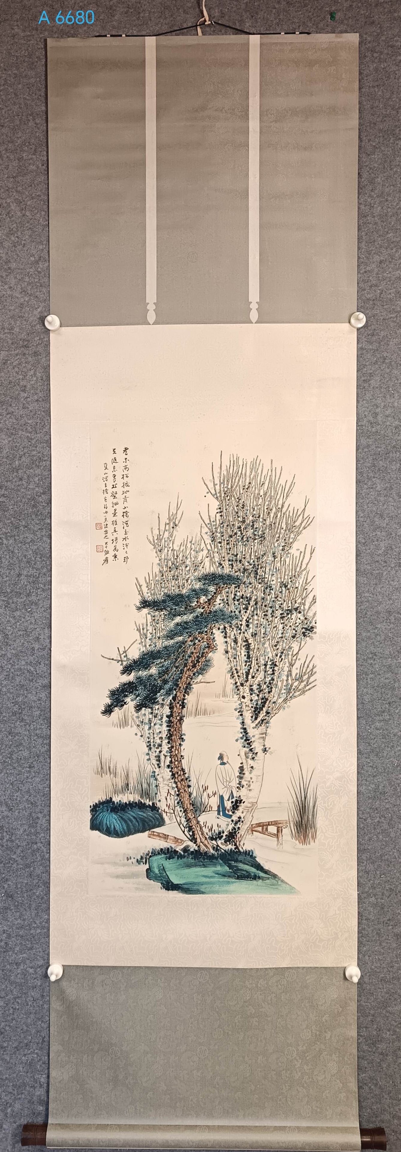 A Chinese Vertical Scroll Ink Painting of Landscape and Figure on Paper: A Chinese Vertical Scroll Ink Painting of Landscape and Figure on Paper,Zhang daqian,Size:(Without frame)17.7inx36.6in,一幅中国水墨山水人物&