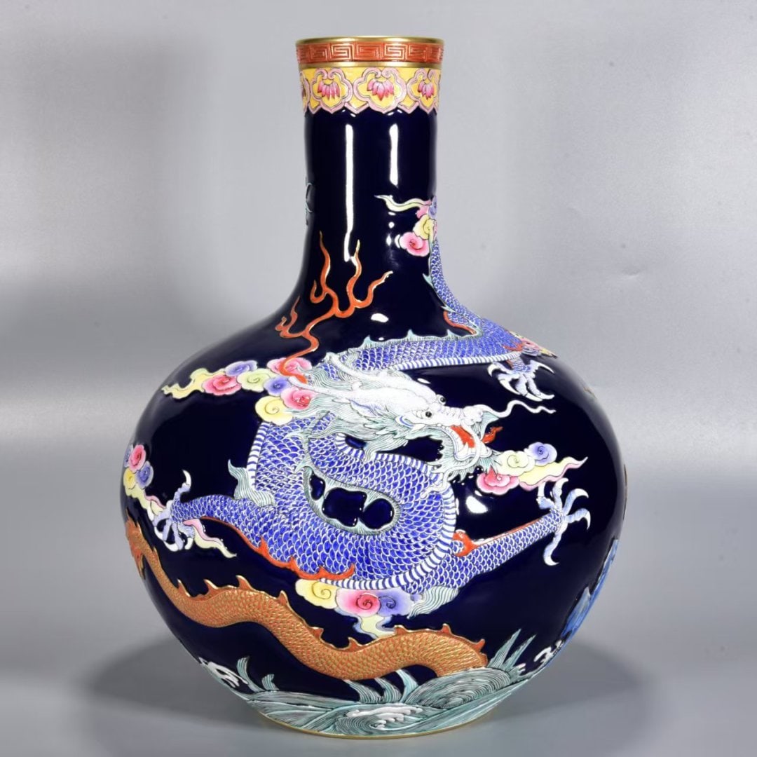 An Exquisite Ji Blue Glazed Jiacai Dragon Pattern Painted Gold Vase: An Exquisite Ji Blue Glazed Jiacai Dragon Pattern Painted Gold Vase,Qing Dynasty,China,with Qianlong Six-character Mark,Size:17.7inx13.8in,霁蓝釉加彩龙纹ÿ