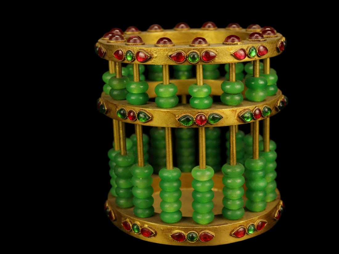 An Exquisite Gilt Bronze Inlaid Jadeite Ornament,Inlaid Gems: An Exquisite Gilt Bronze Inlaid Jadeite Ornament,Inlaid Gems,Qing