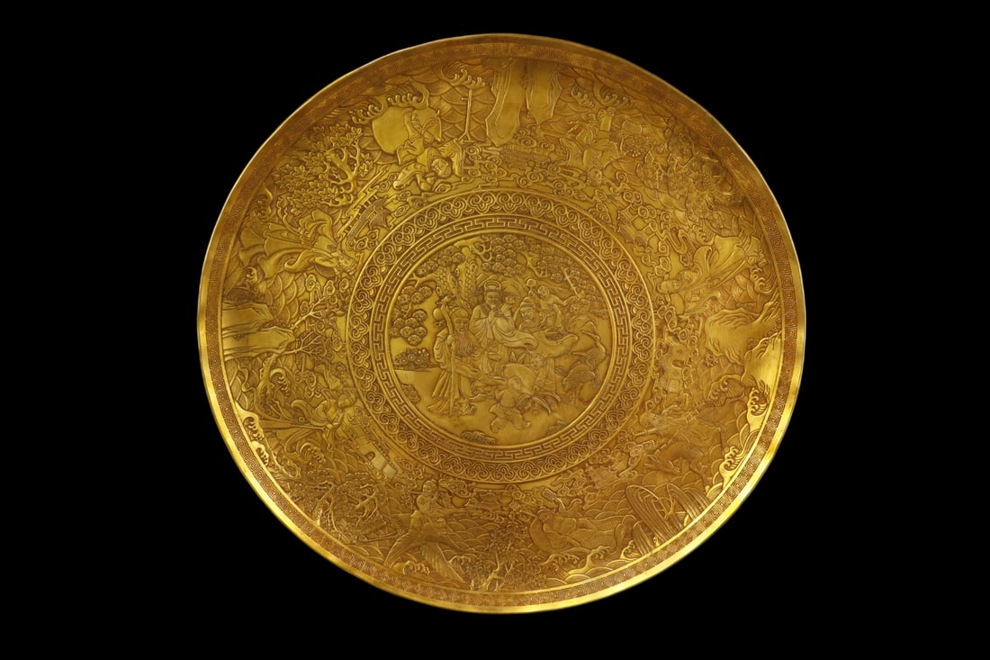 An Exquisite Gilt Bronze Landscape and Figure Pattern Plate: An Exquisite Gilt Bronze Landscape and Figure Pattern Plate,Qing Dynasty,China,with Qianlong Four-character