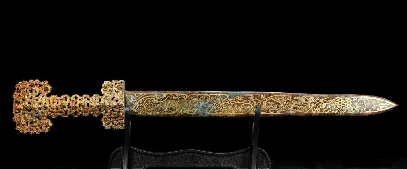 An Exquisite White Jade Gold-Inlaid Auspicious Animal Pattern Sword,Inlaid Gems (1 of 9)