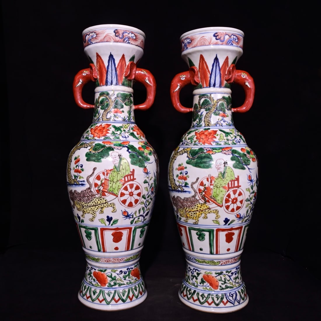 A Pair of Exquisite Wucai Character and Story Pattern Elephant-Ears Vases,: A Pair of Exquisite Wucai Character and Story Pattern Elephant-Ears Vases,Yuan Dynasty, China,With Mark,Size:22.8inx8.3in 一对五彩人物故事纹ฉ