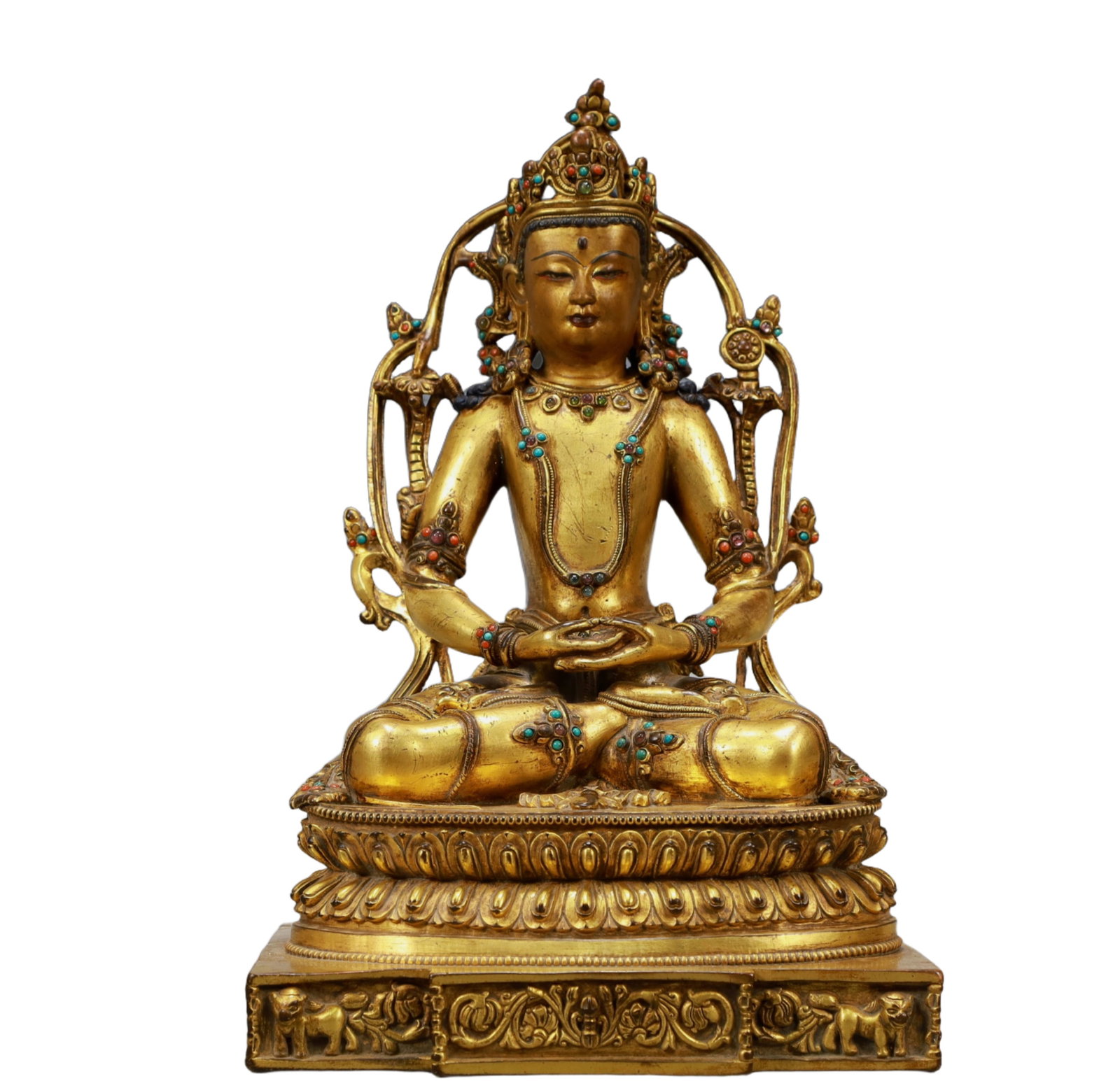 A Solemn Gilt Bronze Statue of Amitayus,Inlaid Turquoise: A Solemn Gilt Bronze Statue of Amitayus,Inlaid Turquoise,Ming Dynasty, China,Size:7.5inx5.5inx11.4in,Weight:4000g,铜鎏金无量寿佛像,嵌绿Ĉ